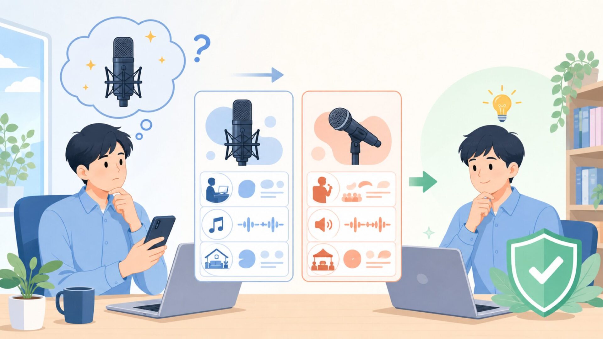 コンデンサーマイクとダイナミックマイクの違いで用途を見極めるを表すイラスト