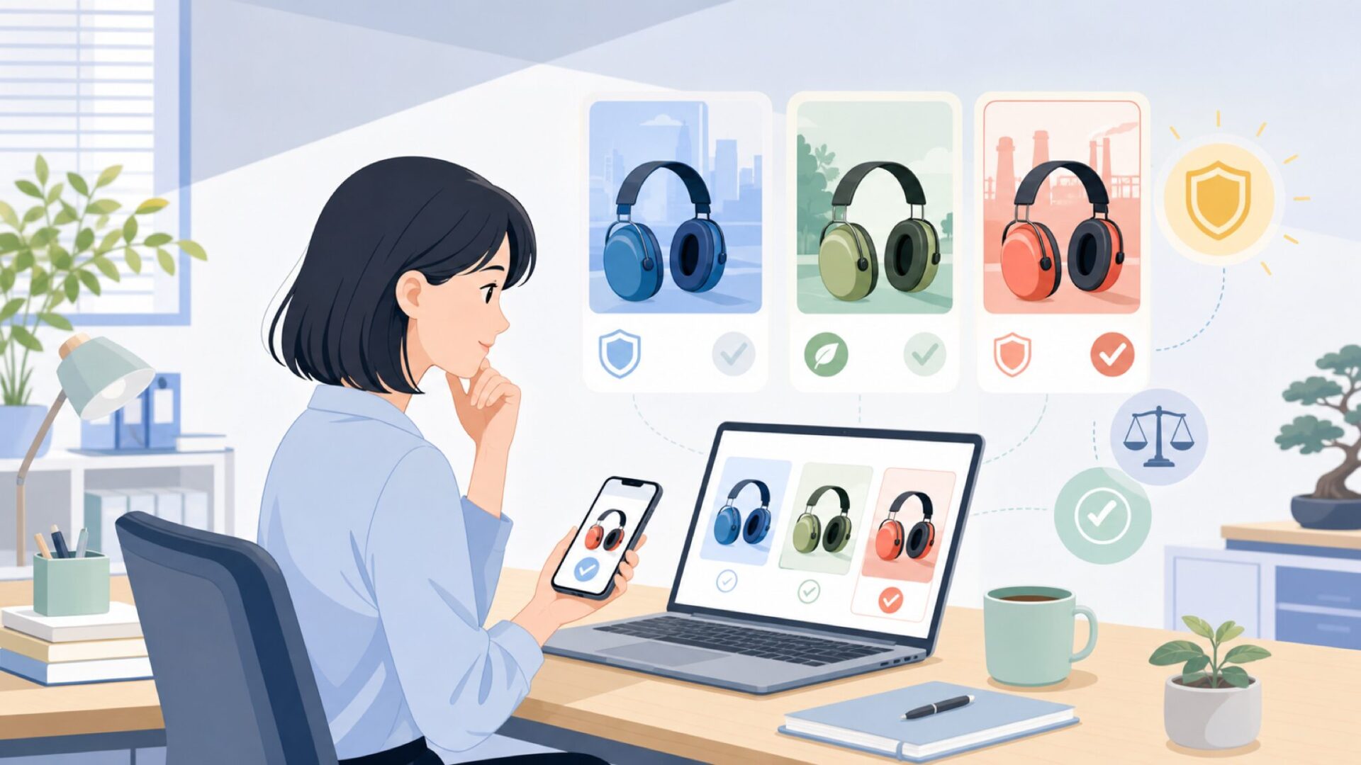 用途別に見るAWESAFEイヤーマフの選び方を表すイラスト