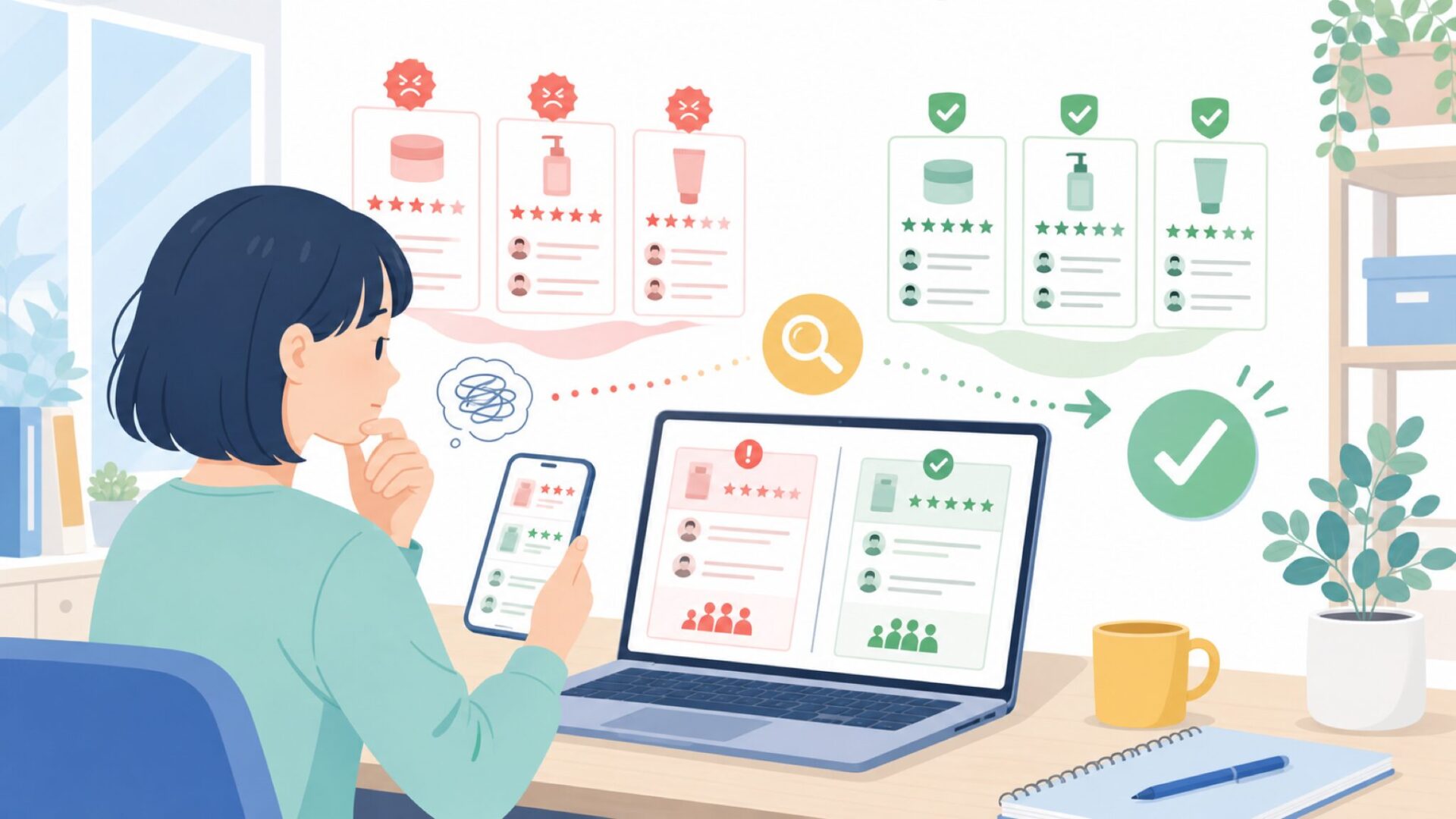 サクラレビューの見極め方とFOHEREの実態を表すイラスト