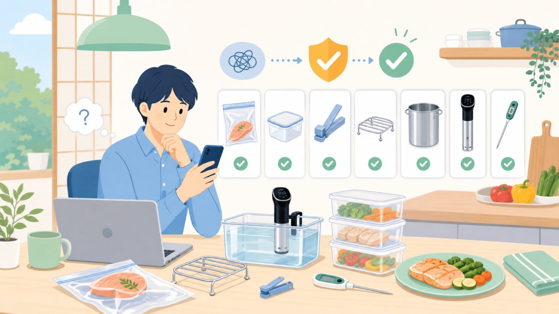 KitchenBoss と一緒に揃えたい低温調理の周辺アイテムを表すイラスト