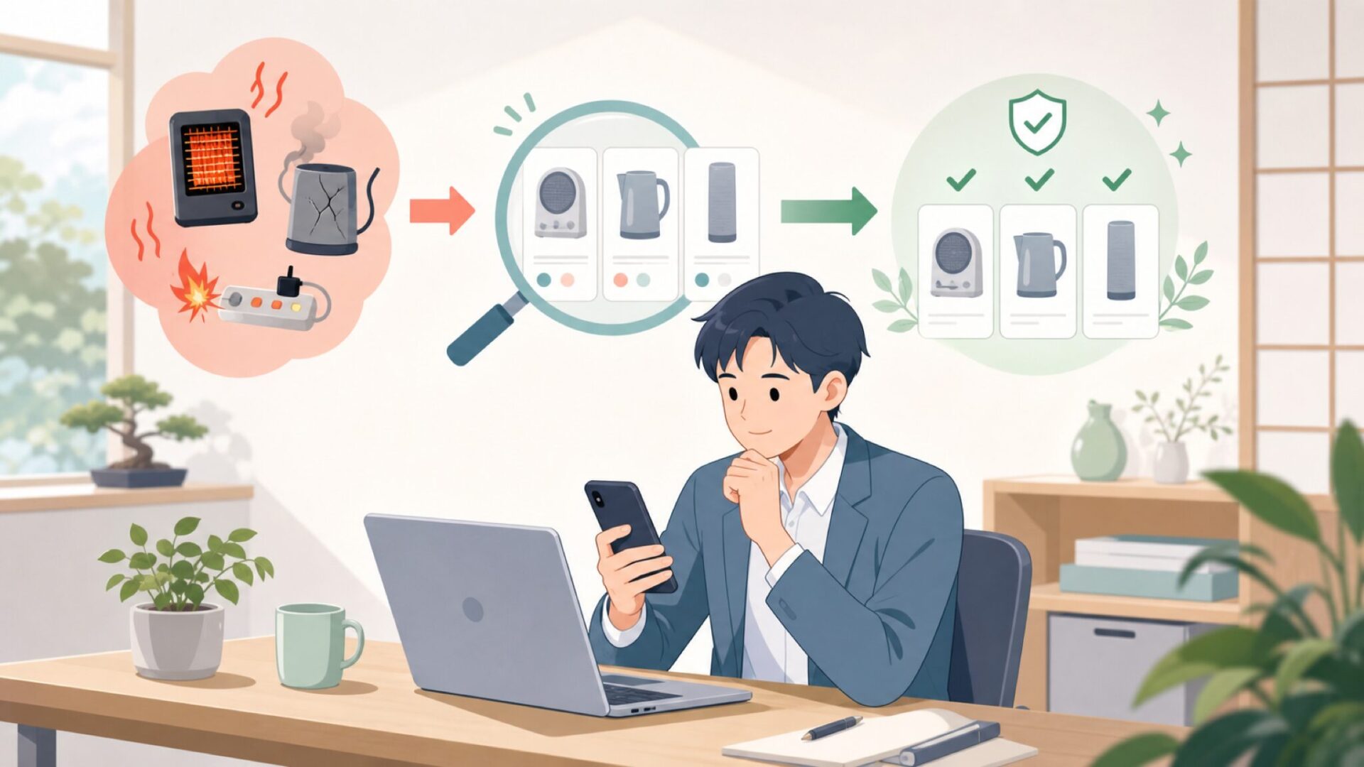 発火・故障は大丈夫？安全面のリスクと回避策を表すイラスト
