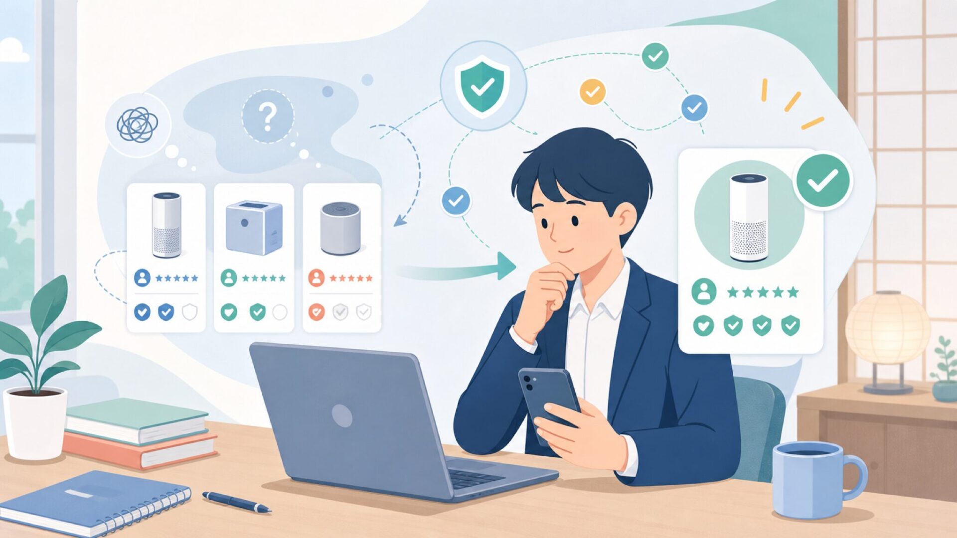 Airversaの口コミ・評判を検証——信頼できる情報の見つけ方を表すイラスト