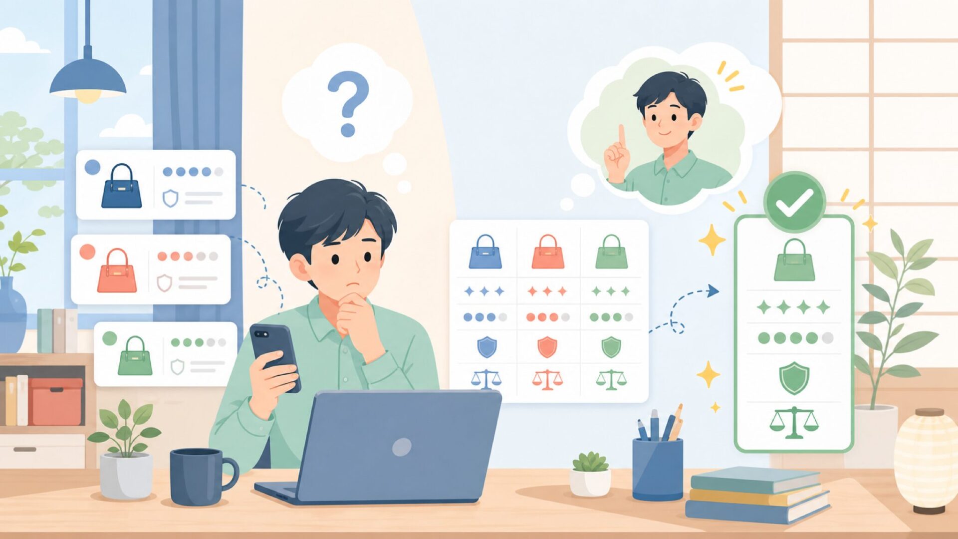 楽天・Amazon・Qoo10—どこで買うのがおトク？購入ガイドを表すイラスト