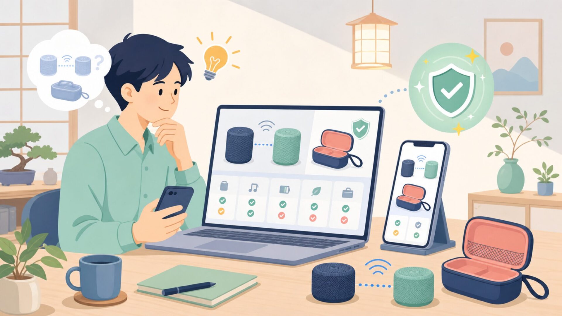 TWSペアリングと専用ケースが実現する携帯性を表すイラスト