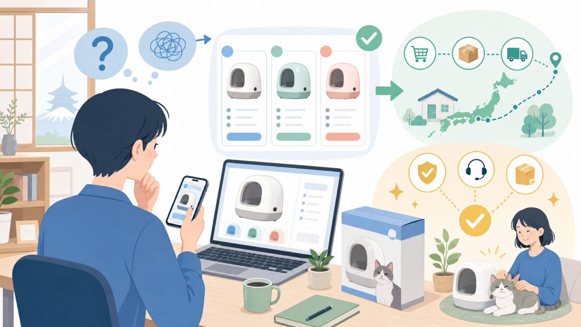 AmazonでPawzoneを買う方法とサポート体制を表すイラスト