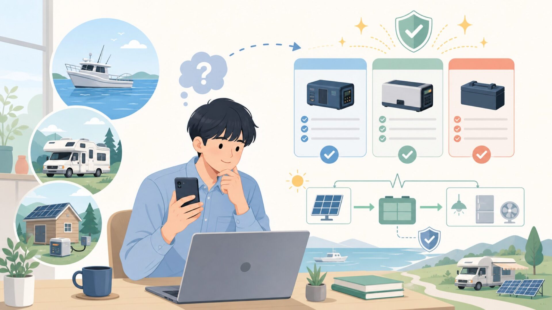 船舶・RV・オフグリッドで圧倒的支持を集める理由を表すイラスト