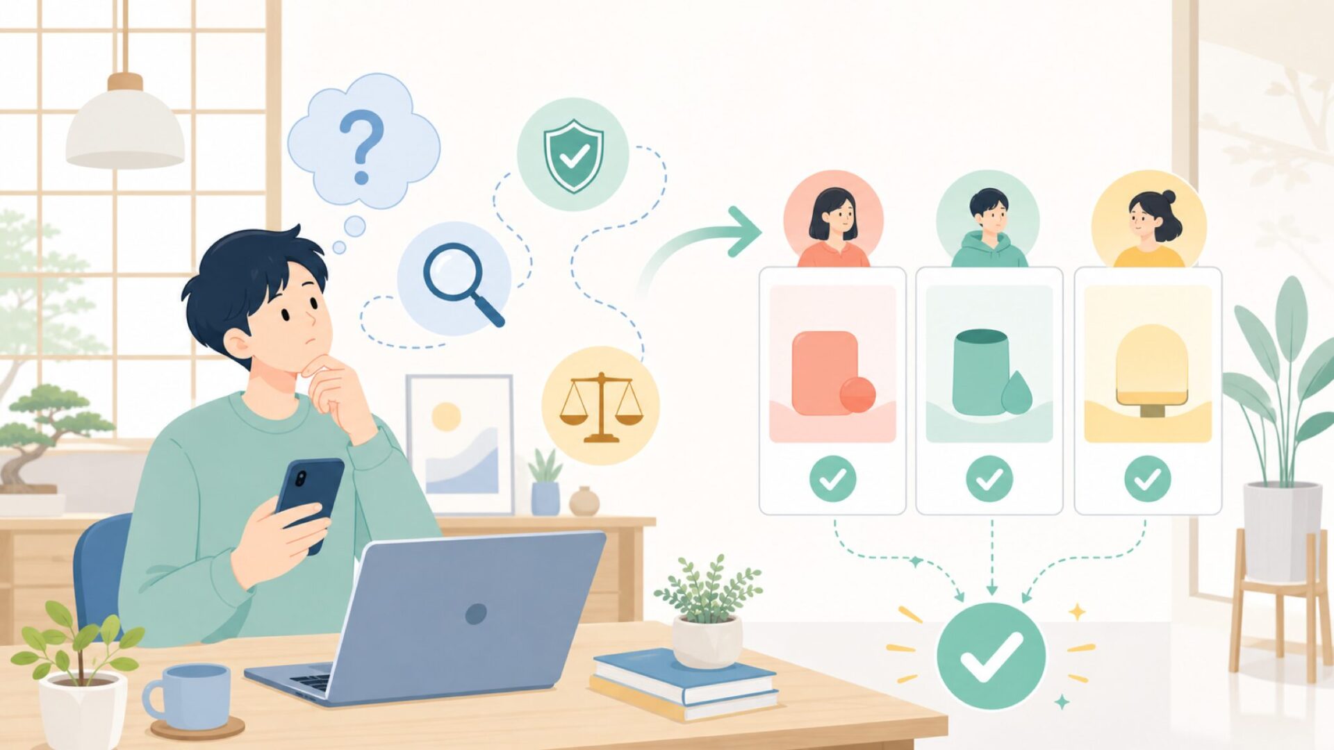 結局SimPureは買ってよいのか——3パターン別の結論を表すイラスト
