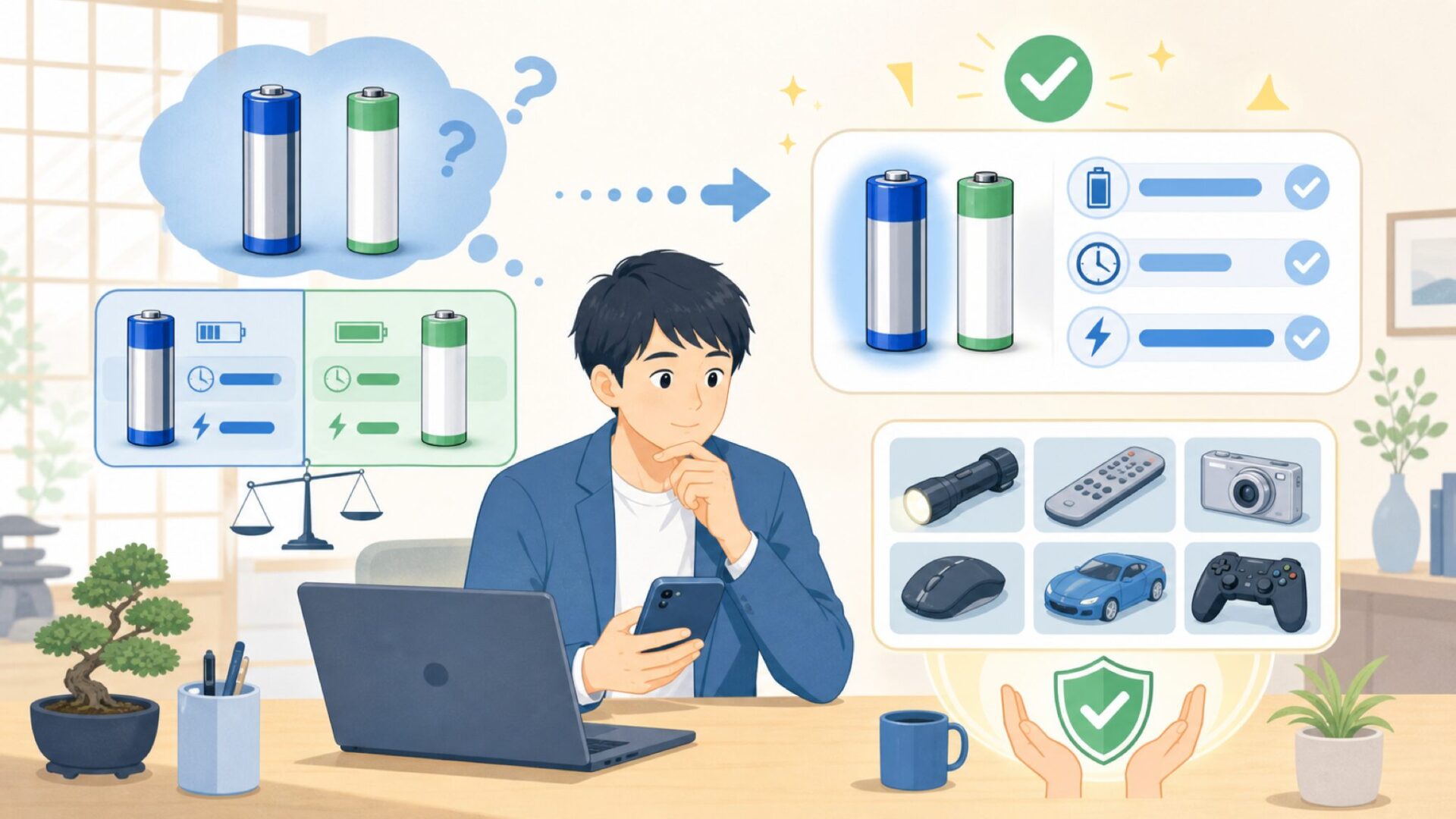 XTAR 1.5Vリチウムイオン充電池の実力 — 日本の電池との違いと活用法を表すイラスト