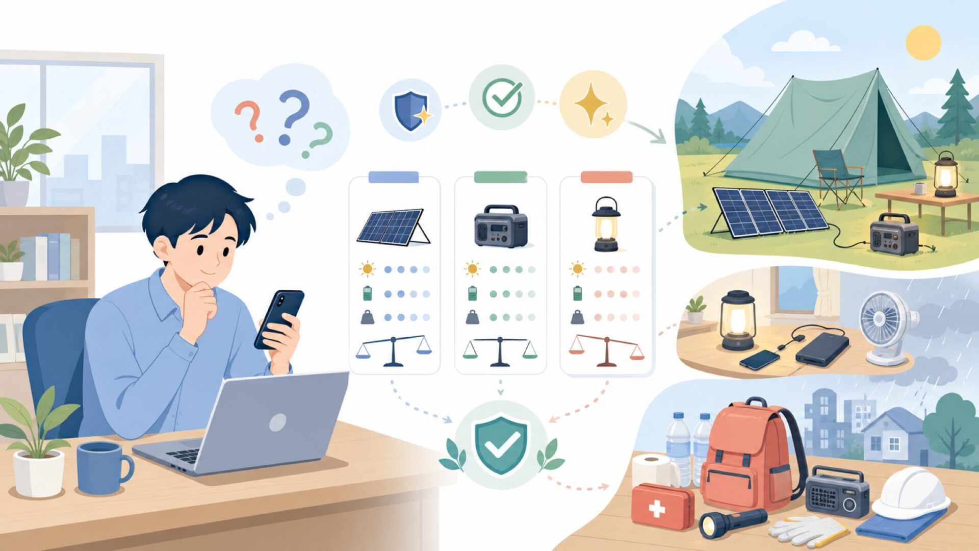 キャンプ・防災シーンでのFlexSolarの実力を表すイラスト