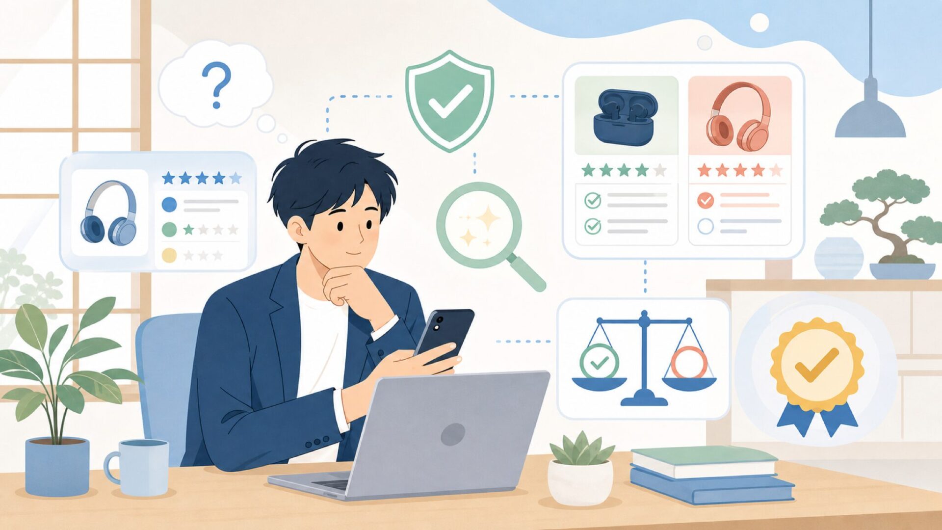 口コミ・レビューの信頼性——本物の評価を見極める方法を表すイラスト