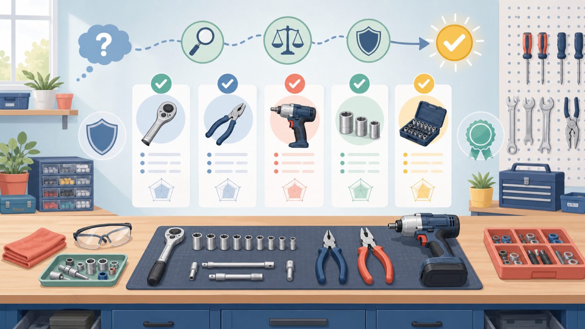 信頼できる工具メーカーを見極める5つのポイントを表すイラスト