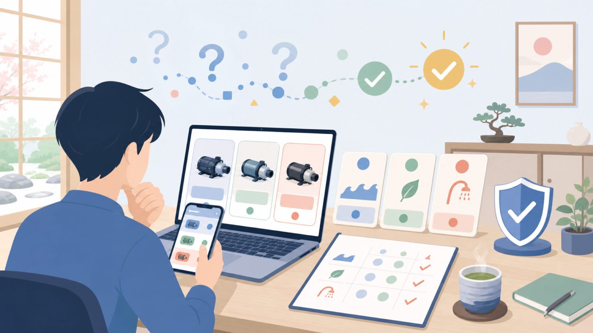 用途別おすすめSHURFLOモデル完全ガイドを表すイラスト