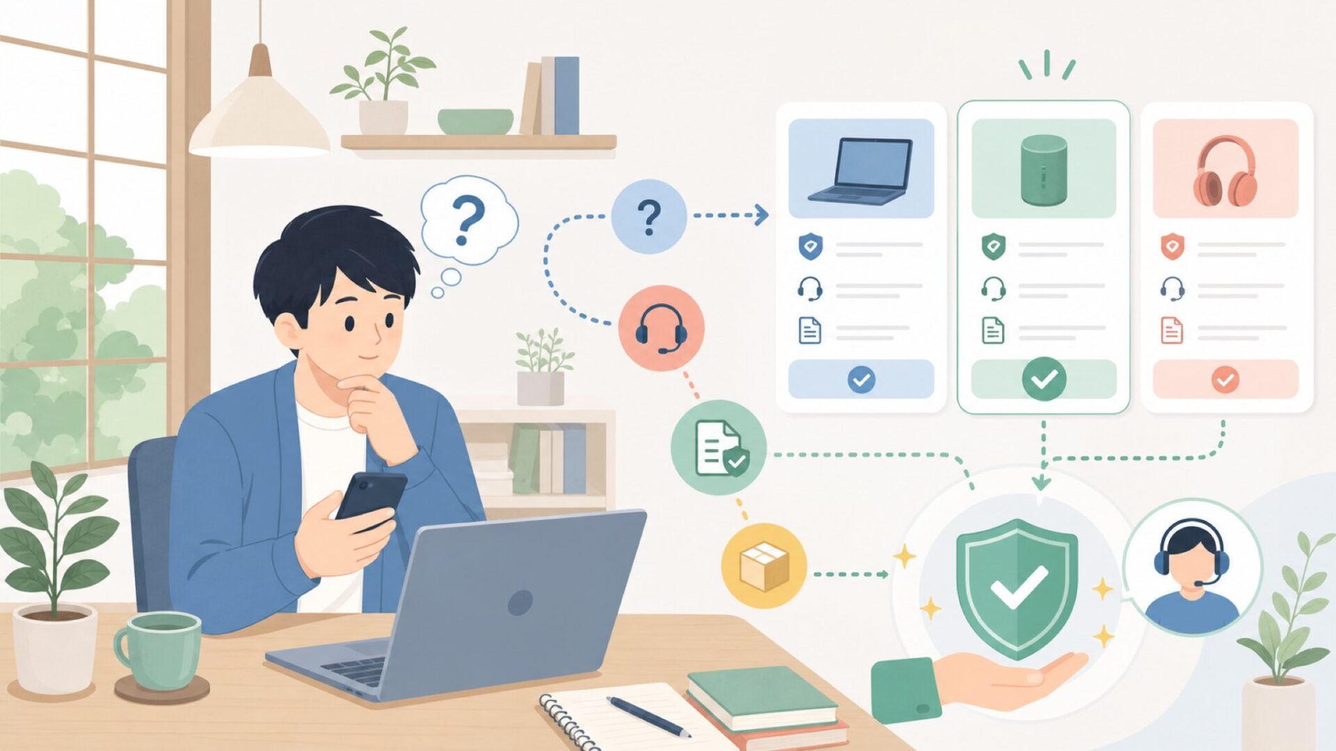 アフターサポートと保証体制を把握するを表すイラスト