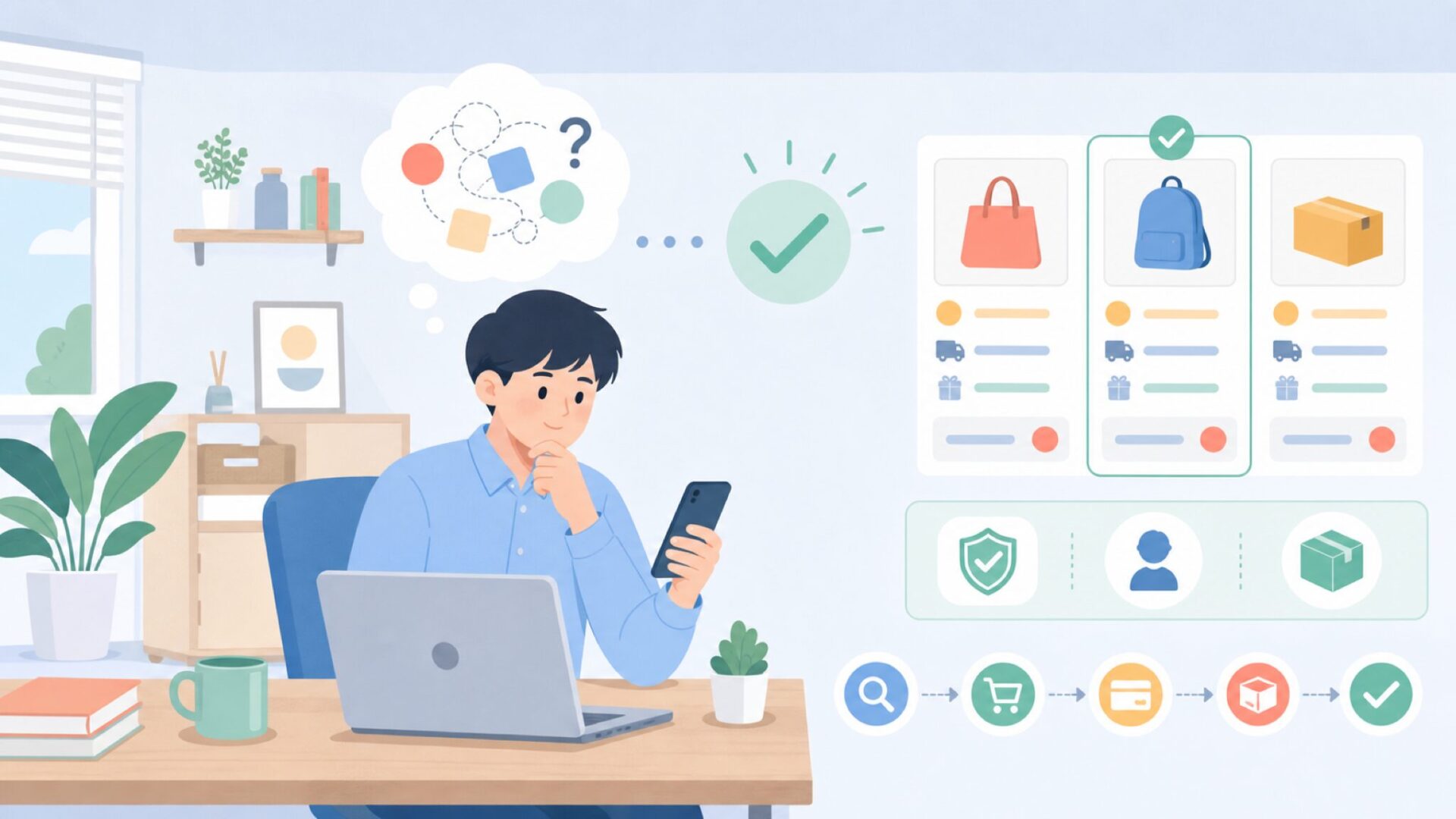AliExpressでの賢い購入ガイド——失敗しないコスト比較と手順を表すイラスト