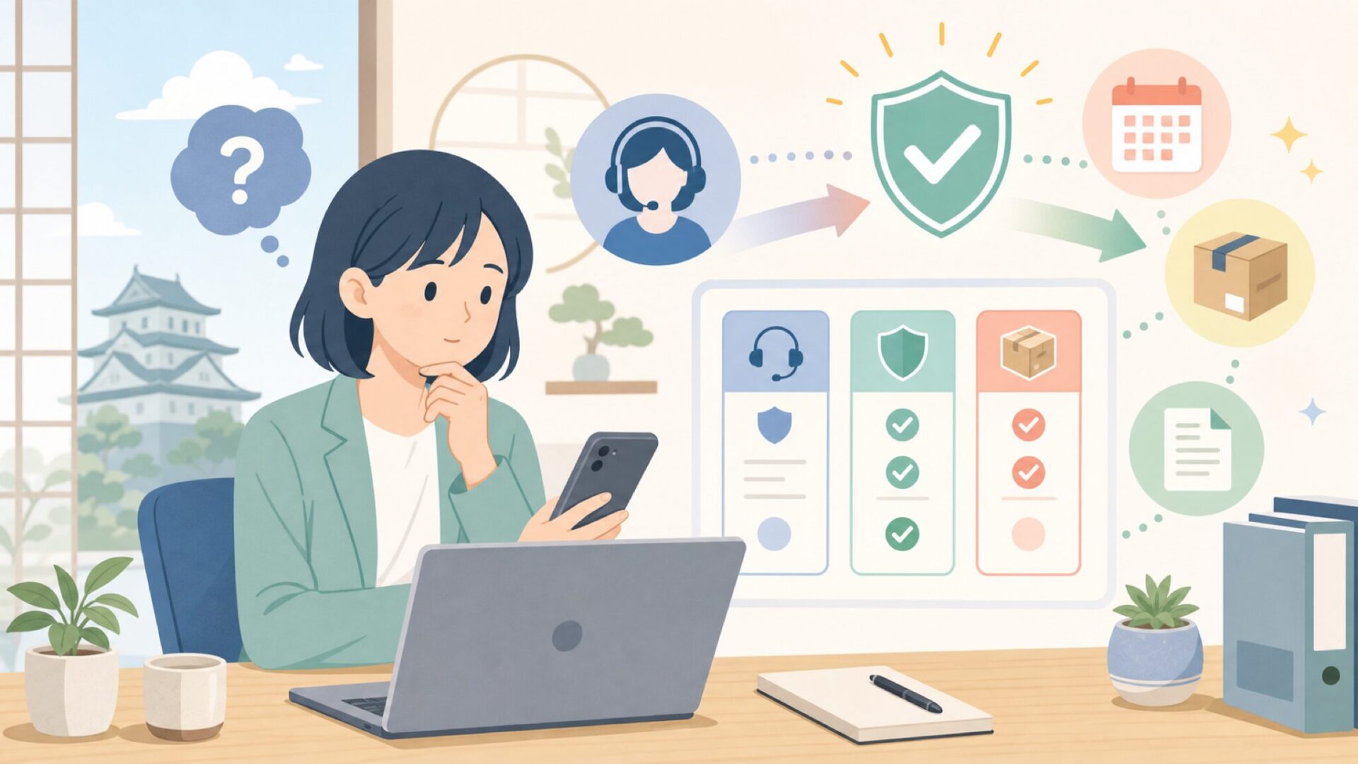日本語サポートと保証体制のリアルを表すイラスト