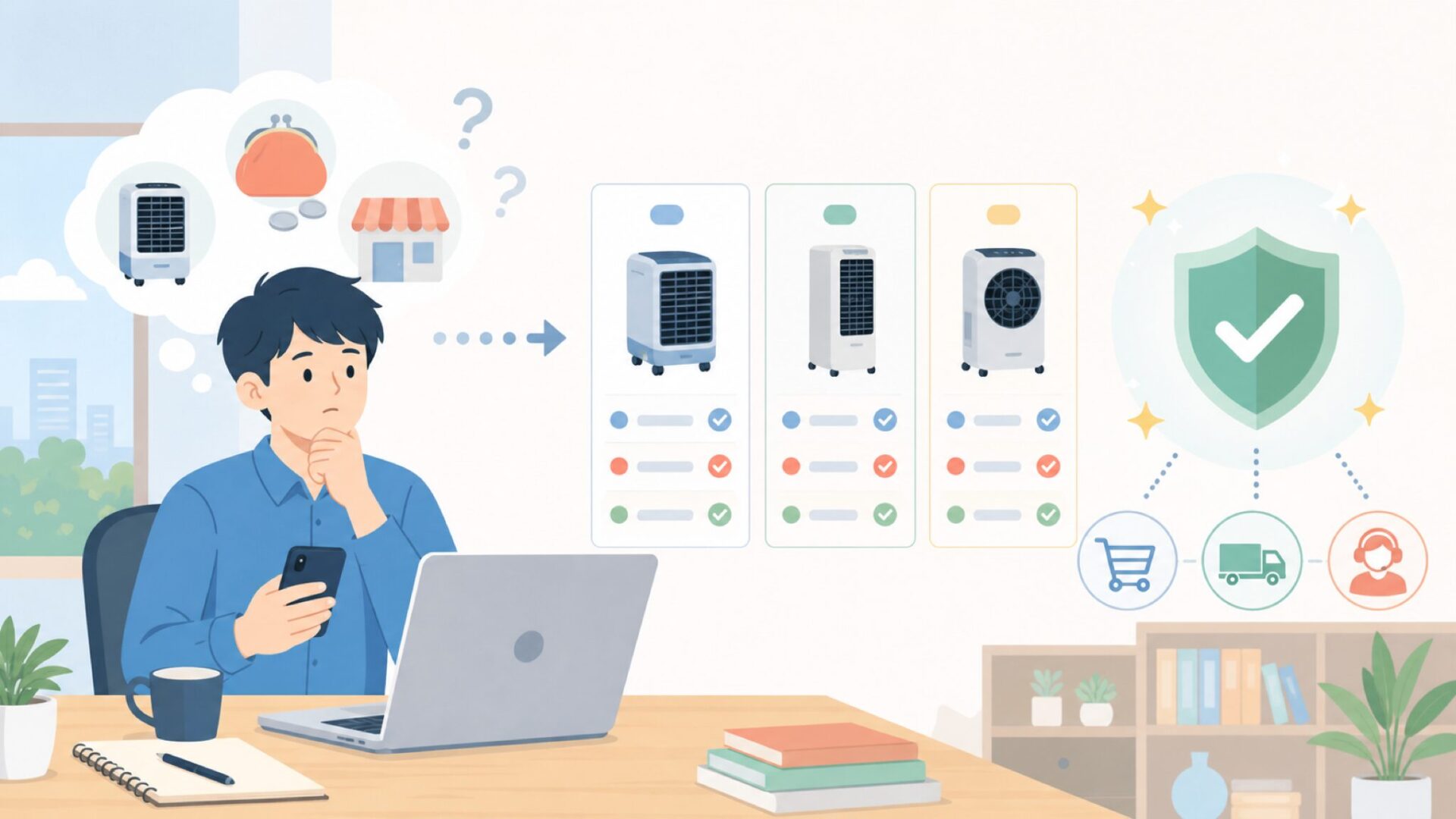 日本でHESSAIREを購入する前に知っておきたいことを表すイラスト