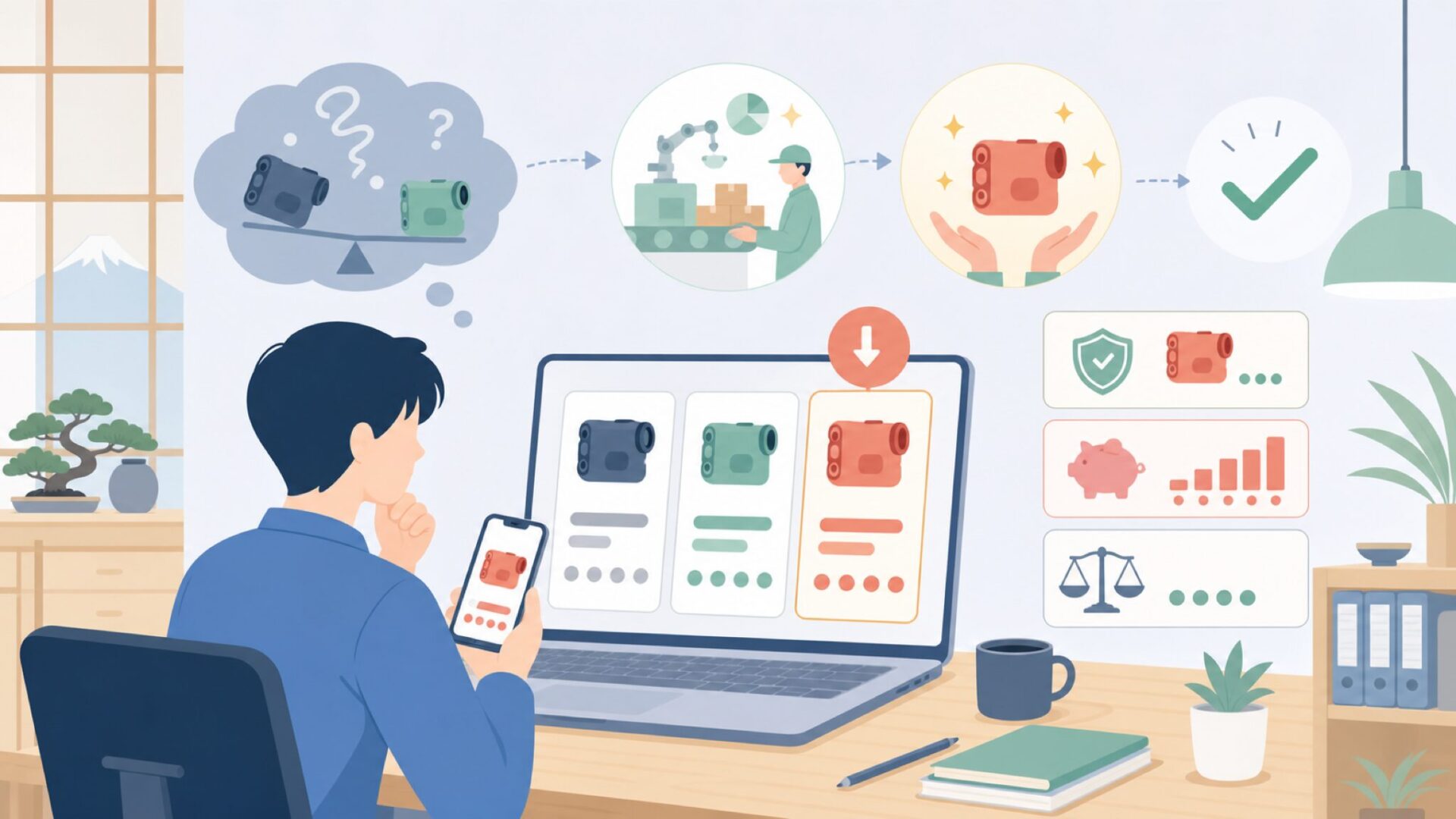 価格帯とコストパフォーマンスの分析を表すイラスト