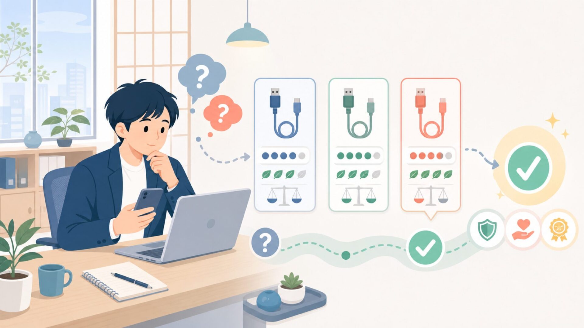 価格帯とコスパ——同価格帯ブランドとの比較を表すイラスト