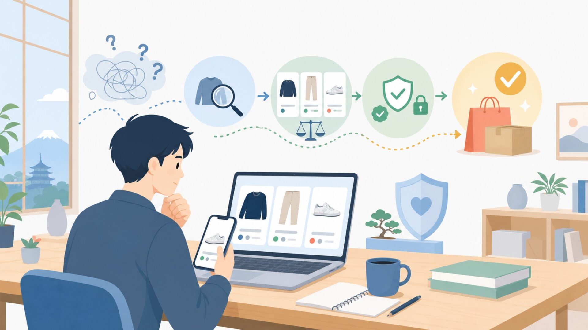 日本でNormcoreを安心して買うための完全ガイドを表すイラスト