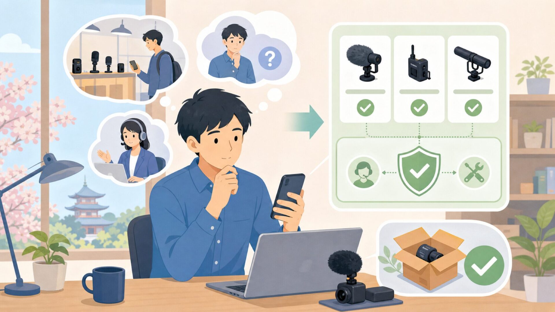 日本でDeityを買う方法：正規販売と保証体制を表すイラスト