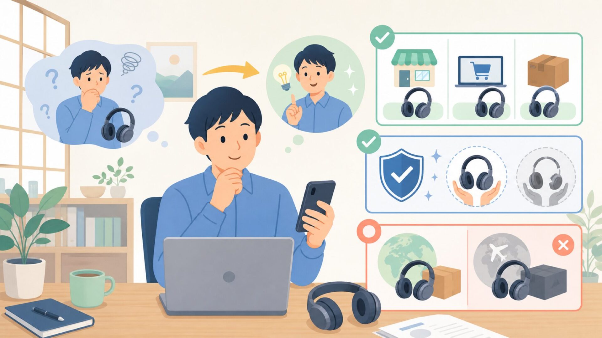 日本でNudeAudioを購入するときの注意点を表すイラスト