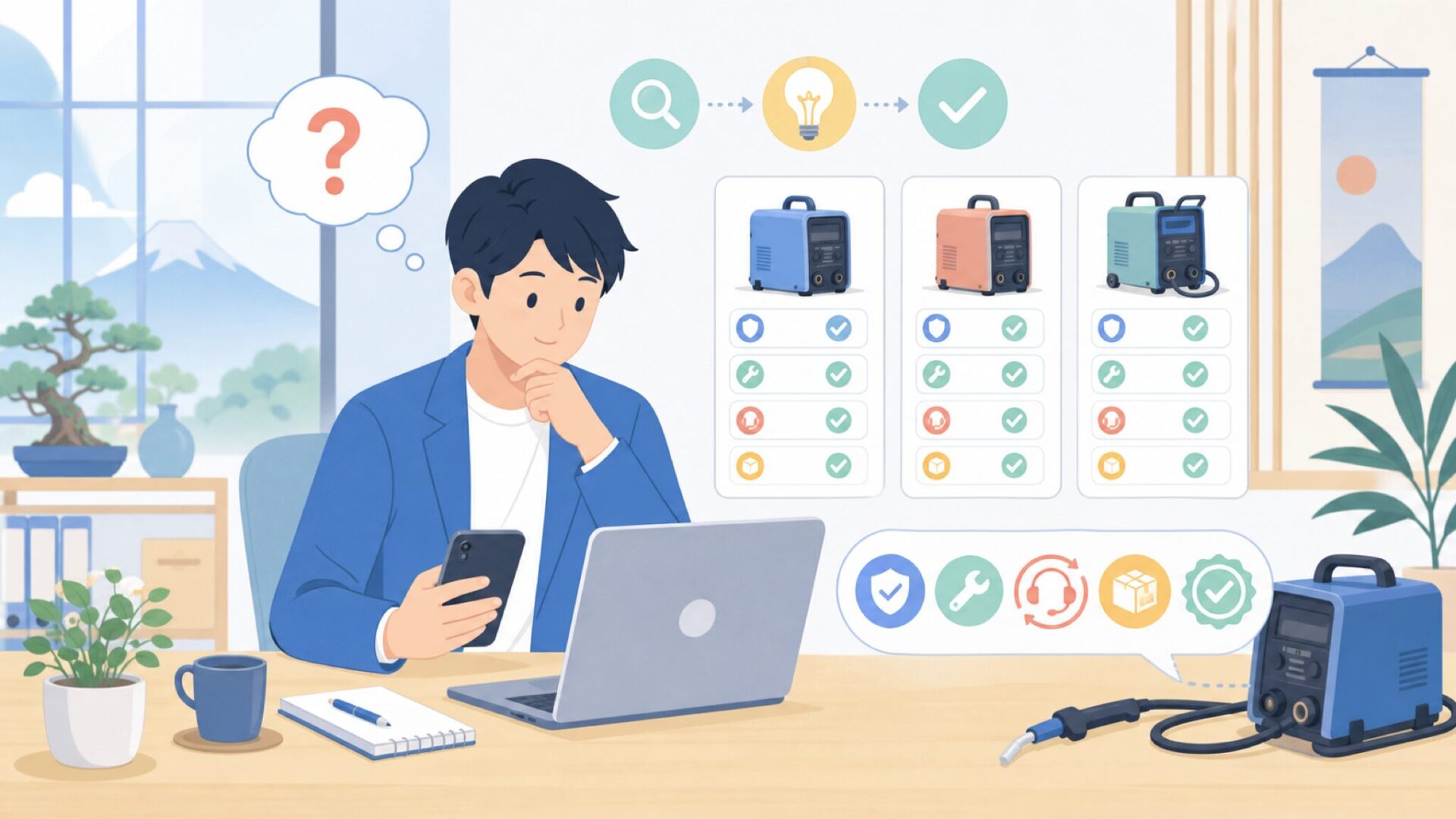 日本でSealey溶接機は買える？入手性・保証・アフターサービスを表すイラスト