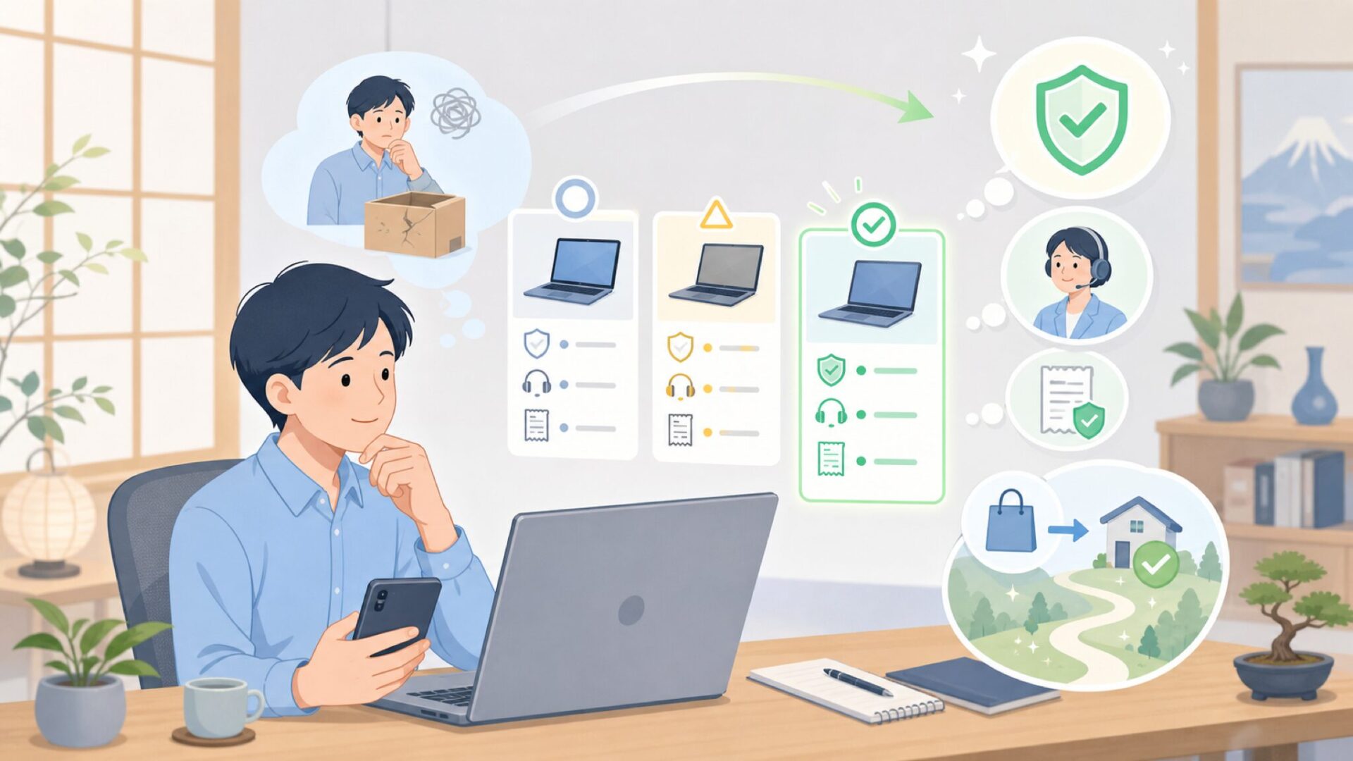 保証・サポートと、いちばん安全な買い方を表すイラスト