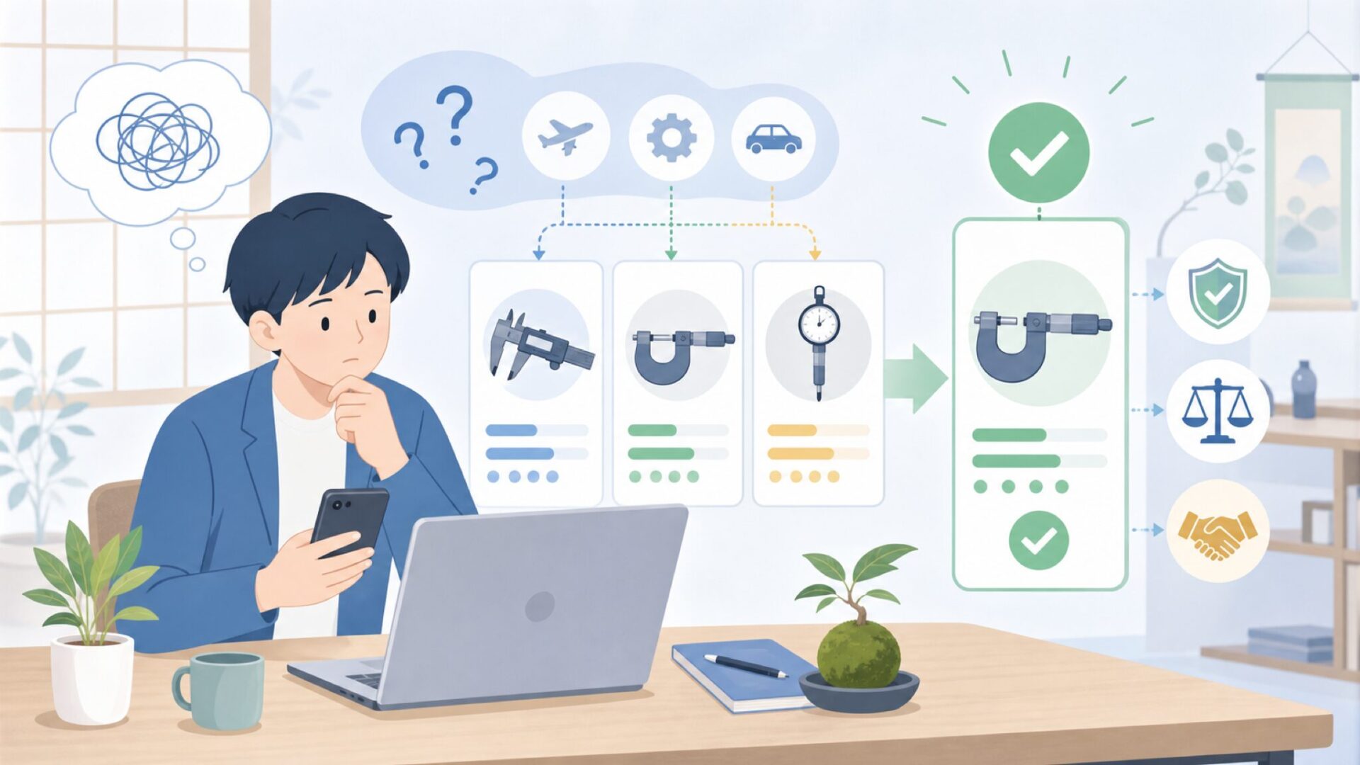 用途で選ぶ・はじめてのミツトヨ製品ガイドを表すイラスト