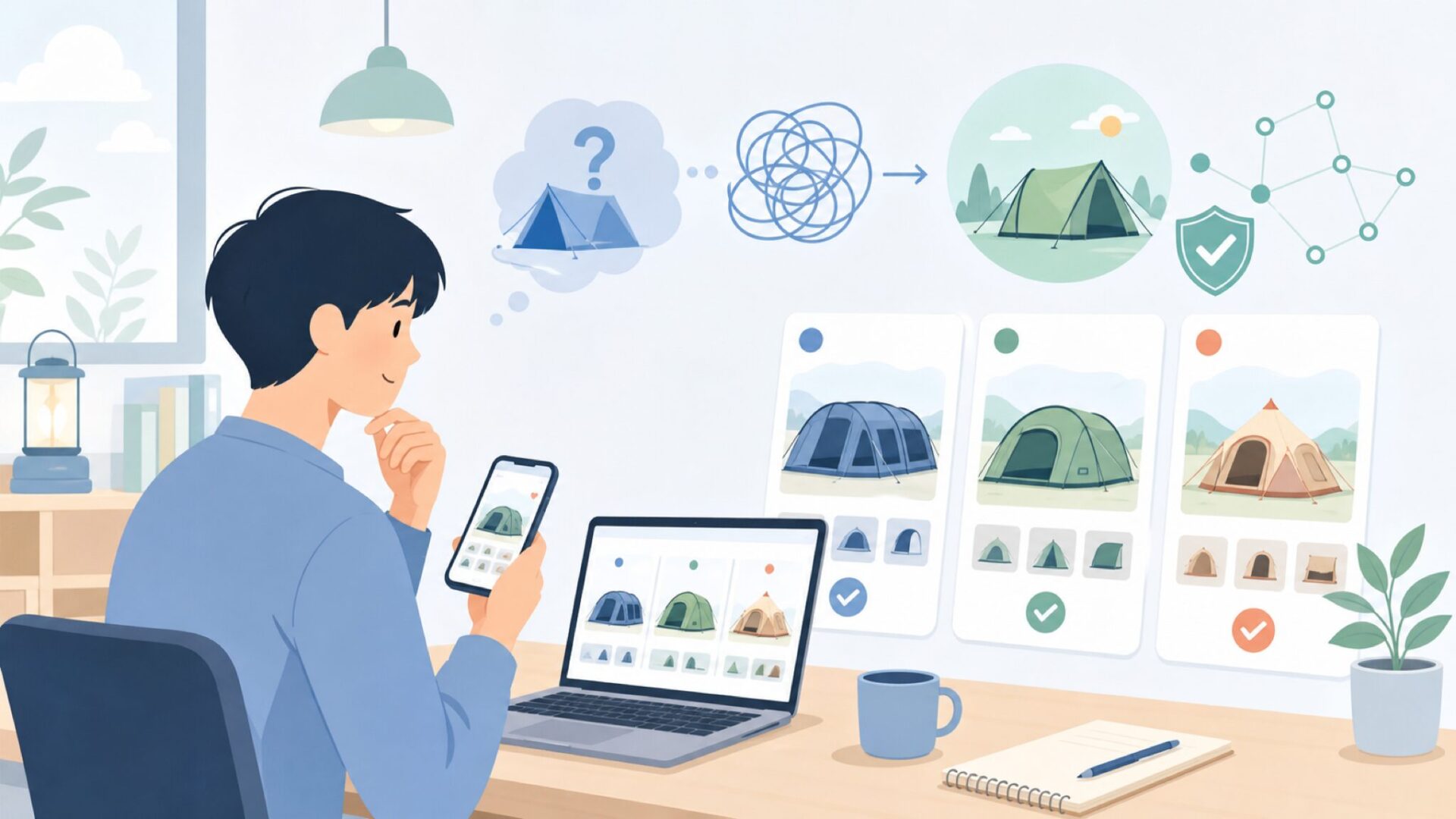 Heimplanetの代表的なテントラインナップ——自分に合う一張りを探すを表すイラスト