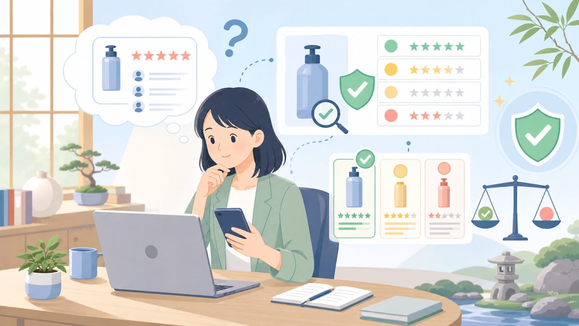 サクラチェッカーでOMMQの信頼性を検証するを表すイラスト