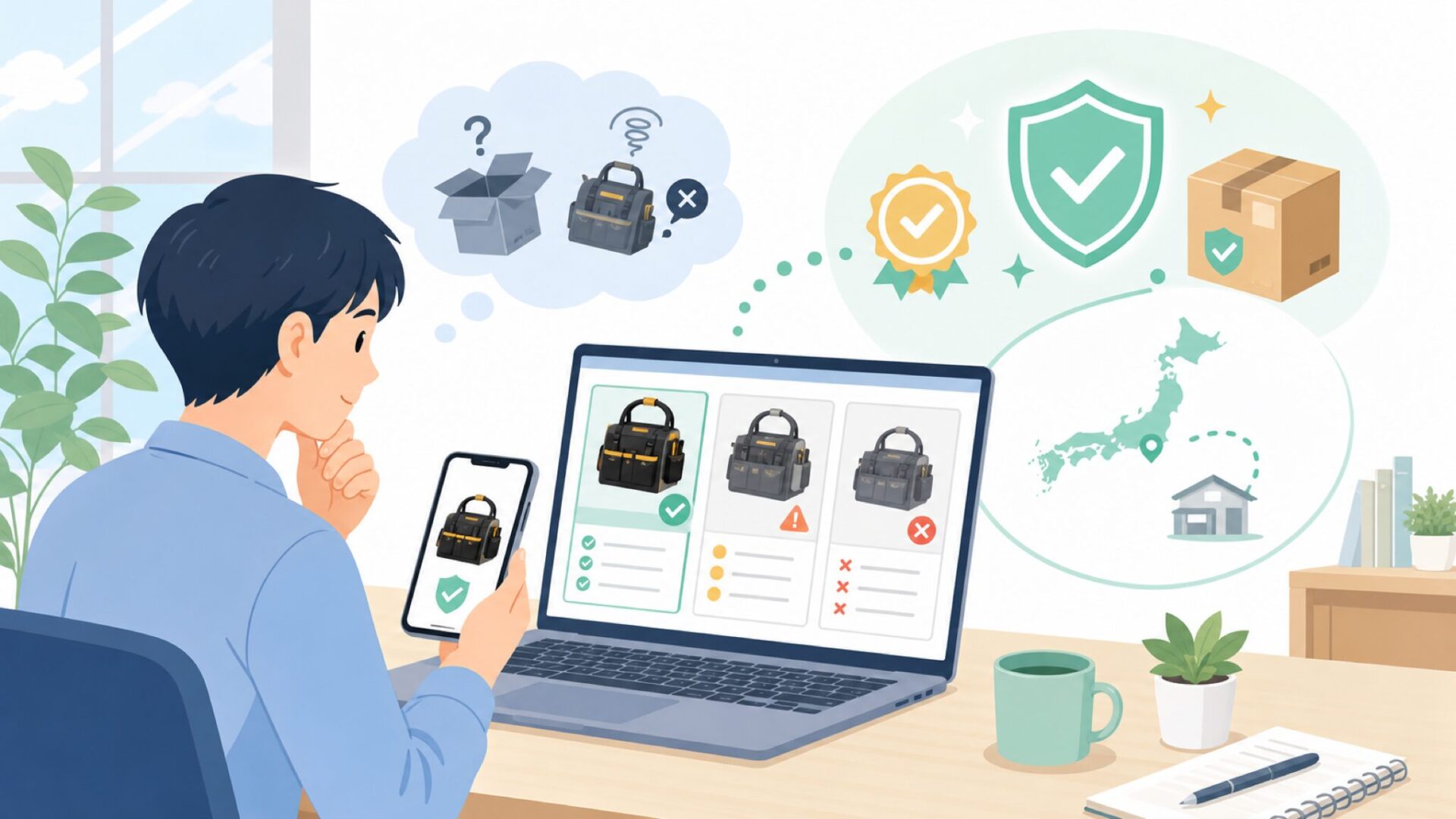 日本でToughBuiltの正規品を安心して買う方法を表すイラスト