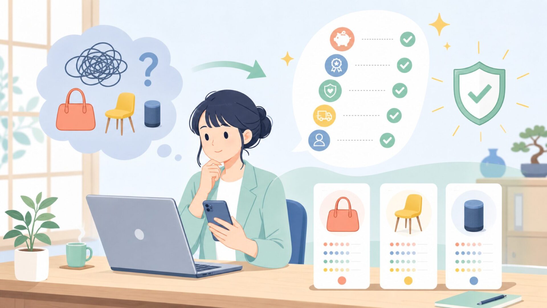 後悔しないために購入前に確認したい5つのチェックポイントを表すイラスト