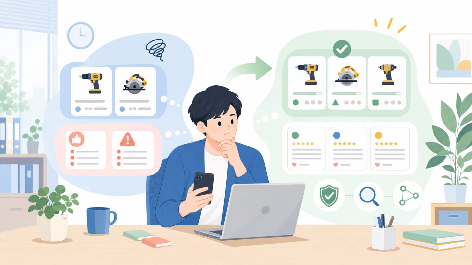 実ユーザーが語るDeWALTの実力——評価とレビューを表すイラスト