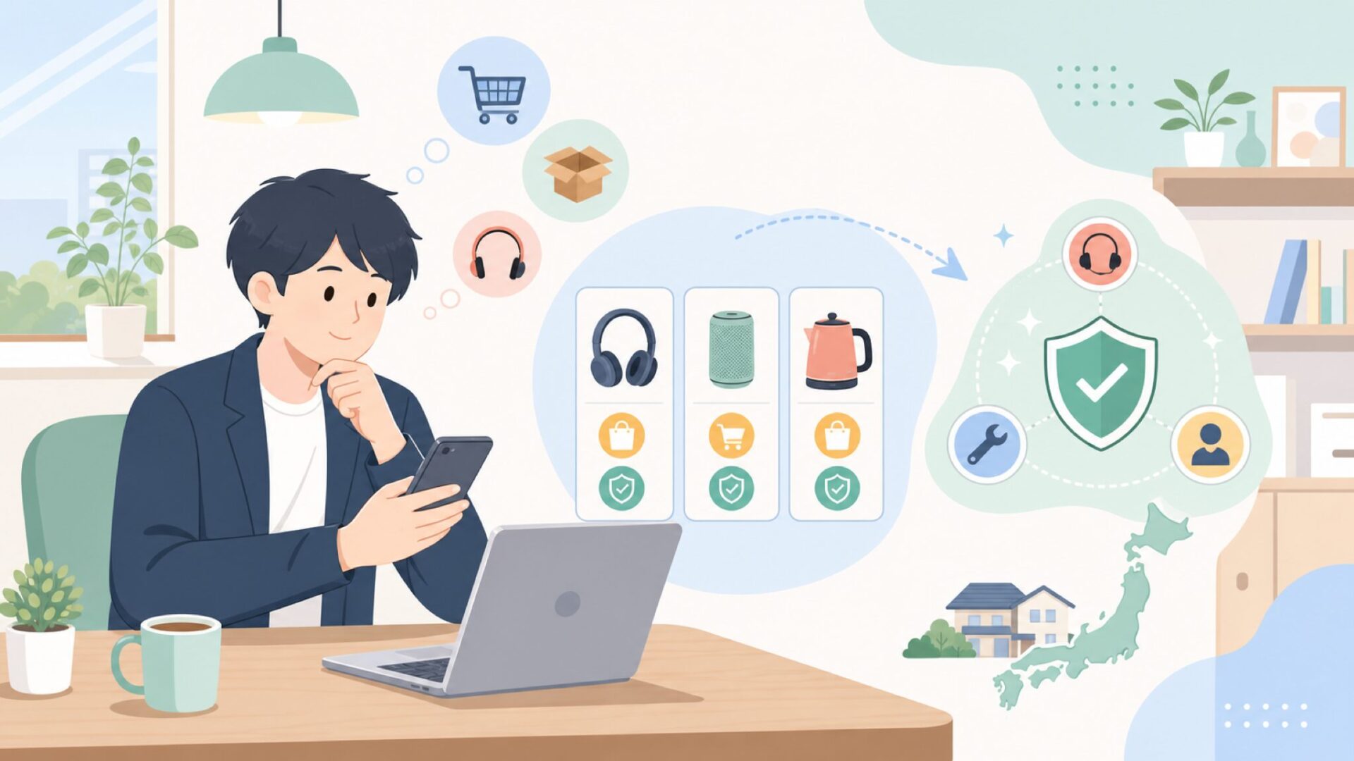 日本でのXiaomi — どこで買えるか、サポートは大丈夫かを表すイラスト