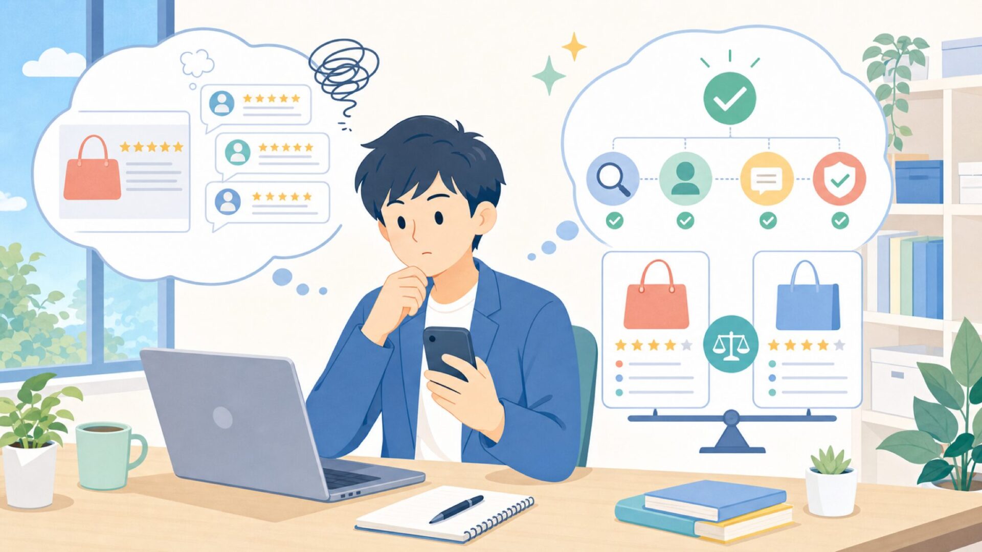 ENEACROのレビューは信用していい？信ぴょう性の見極め方を表すイラスト