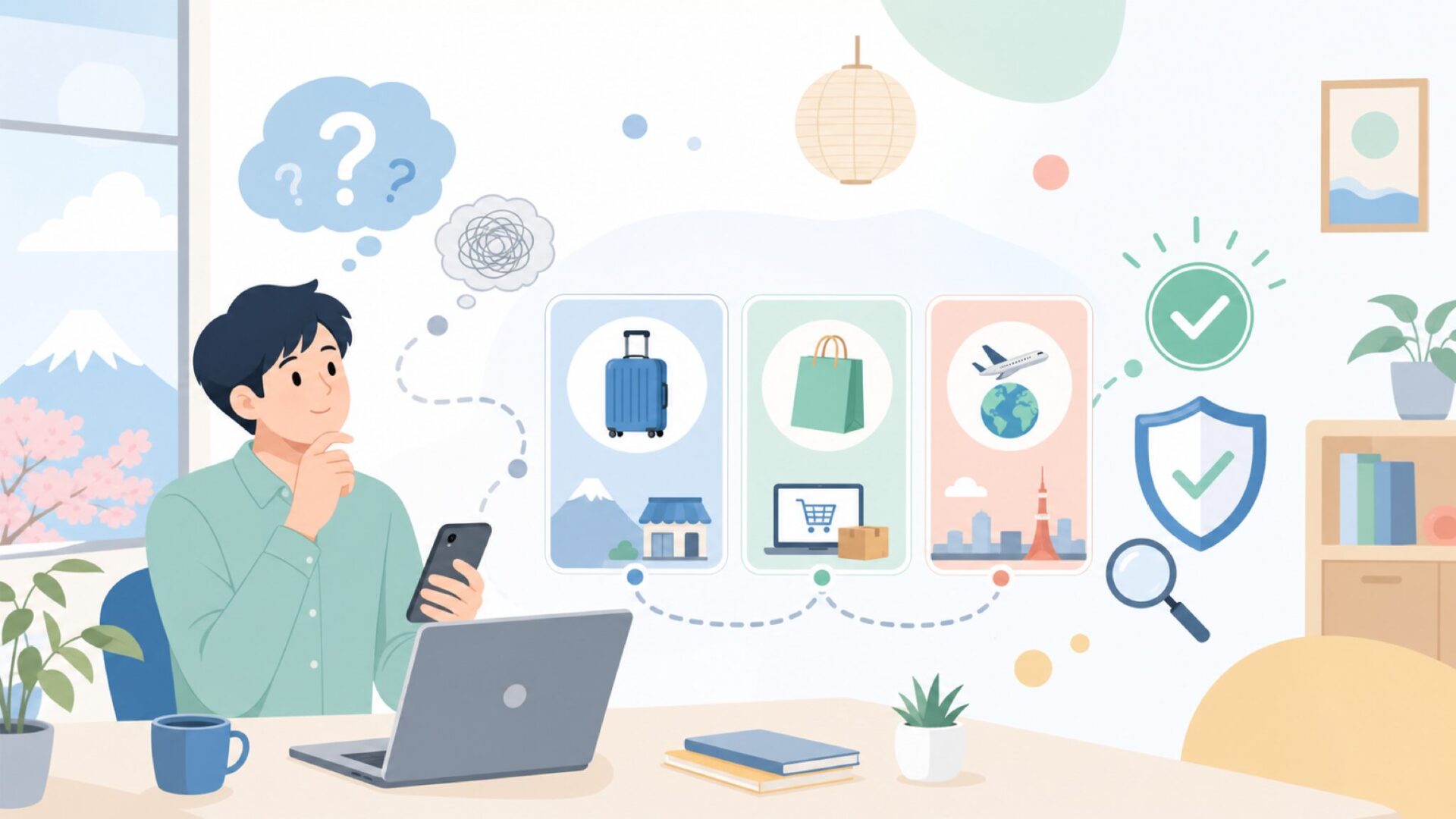 日本でTravelproを購入する3つのルートと注意点を表すイラスト