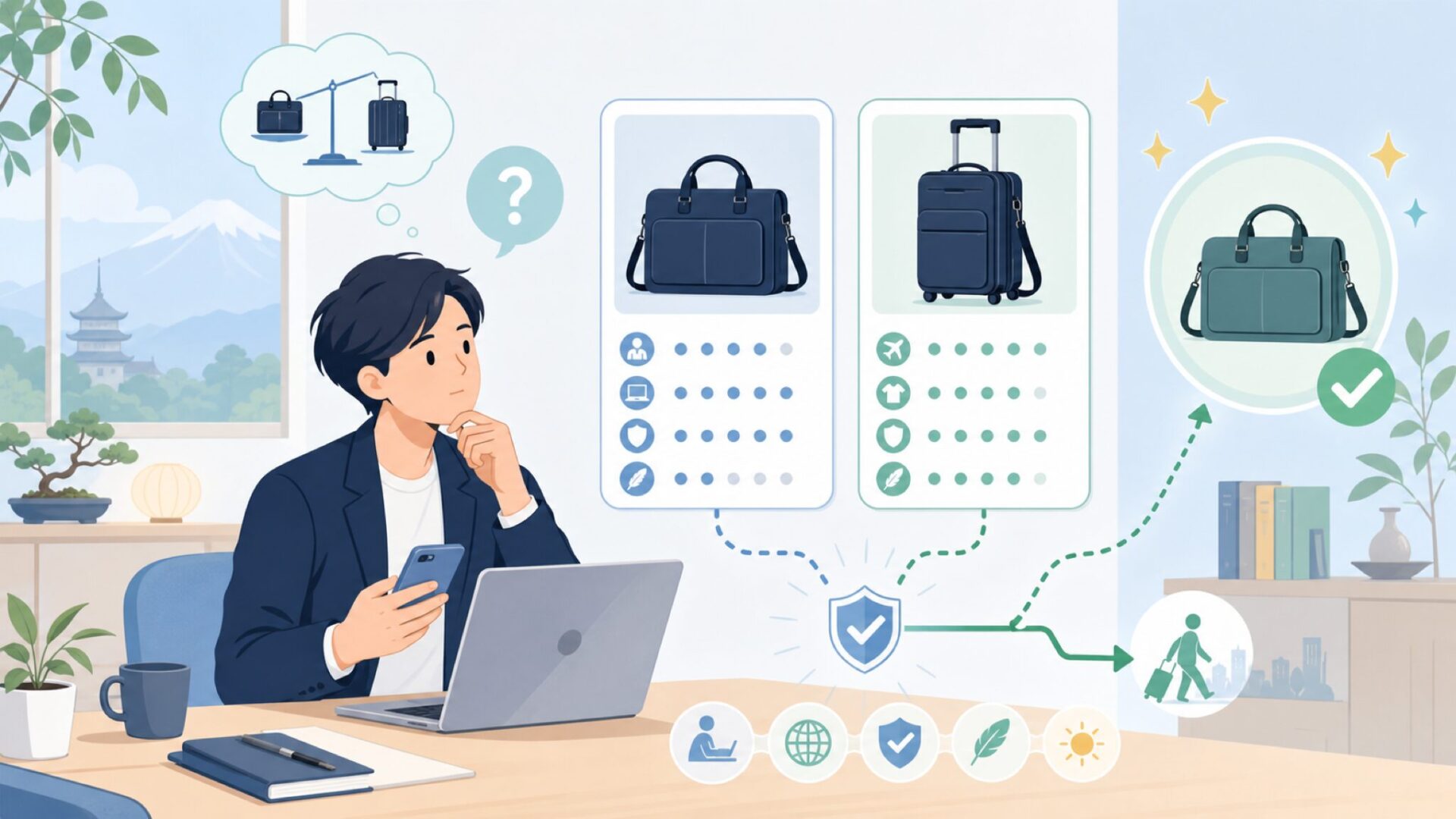 エースジーンとサムソナイトはどっちがいい？用途で選ぶ判断軸を表すイラスト