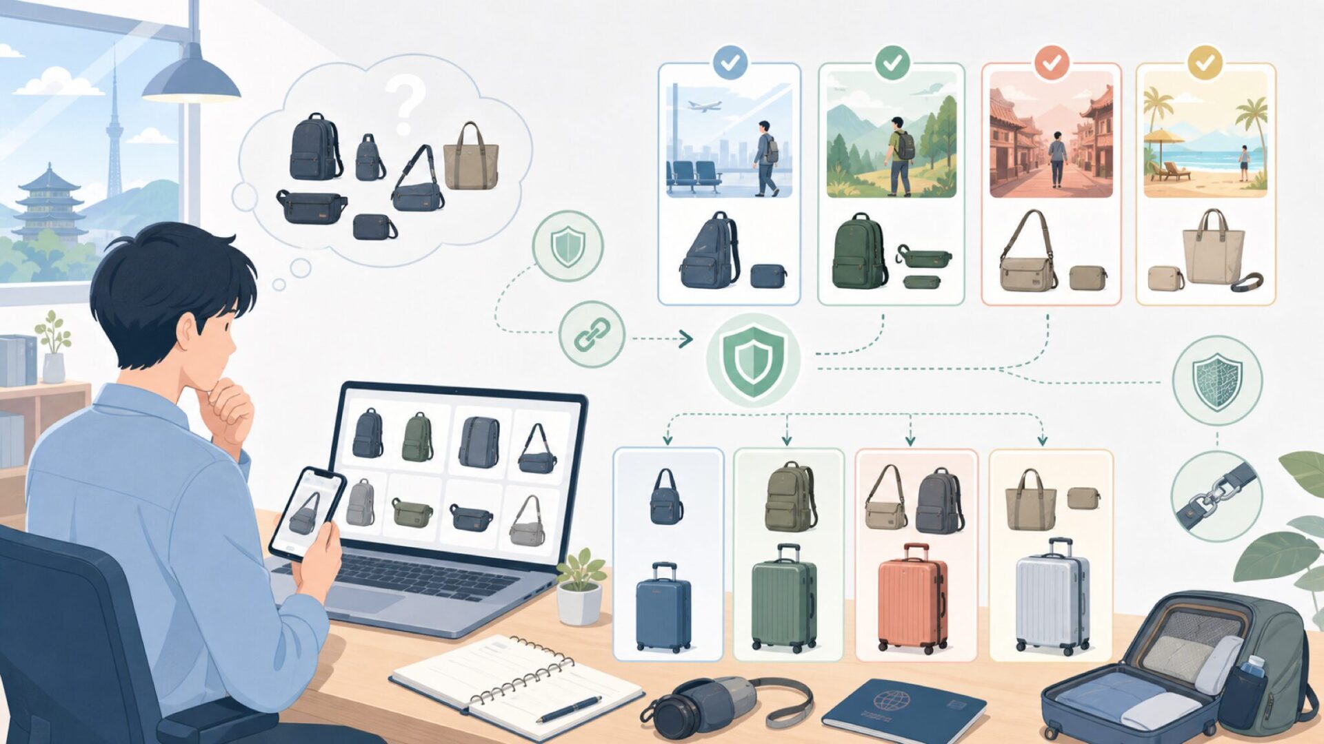旅行スタイル別・Pacsafeのおすすめモデルを表すイラスト