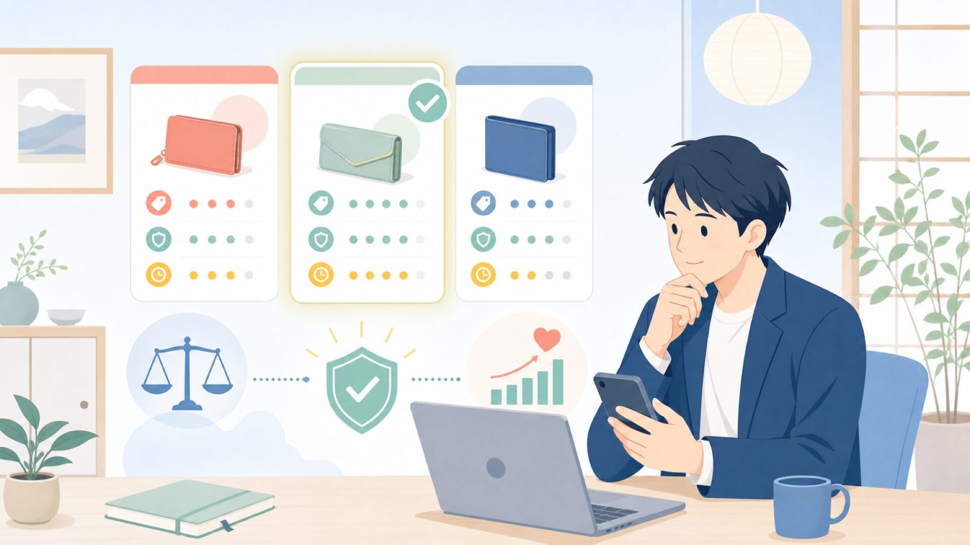 RafiCaroの価格帯とコスパを冷静に見極めるを表すイラスト