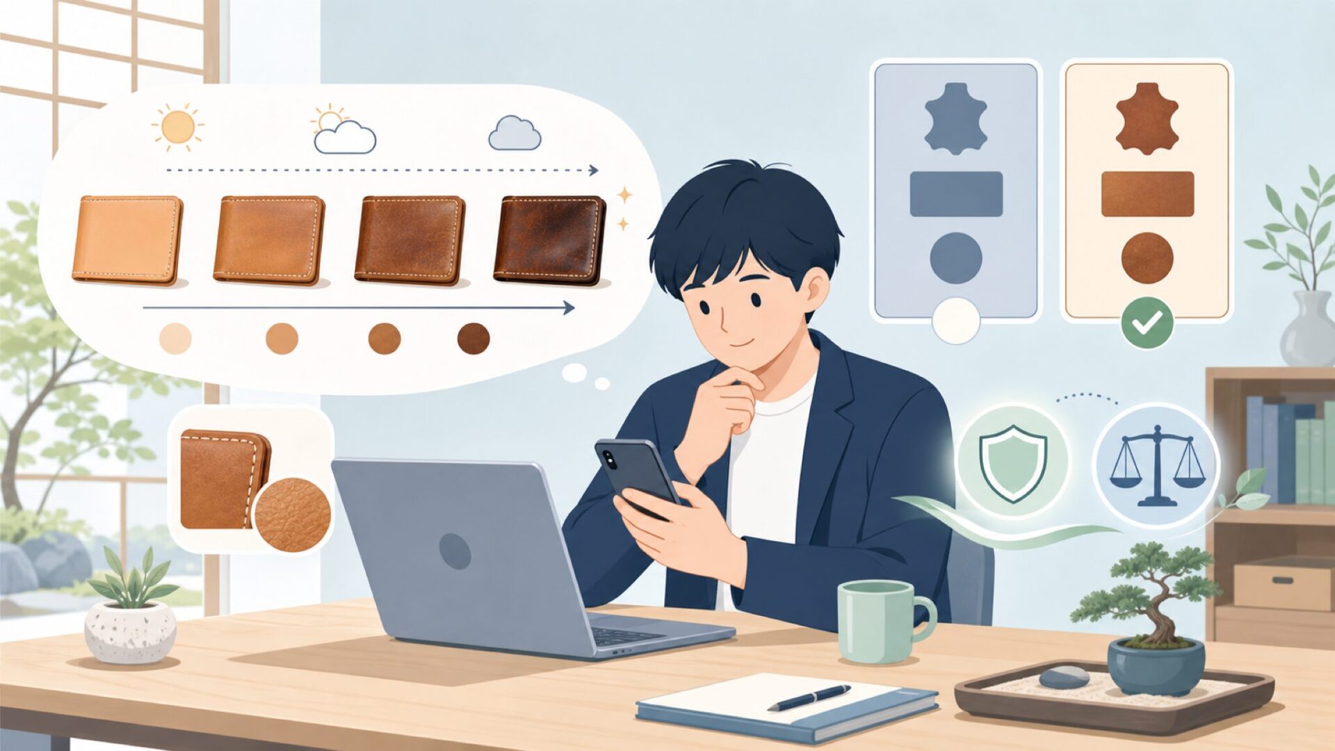 経年変化（エイジング）という本革の醍醐味を表すイラスト