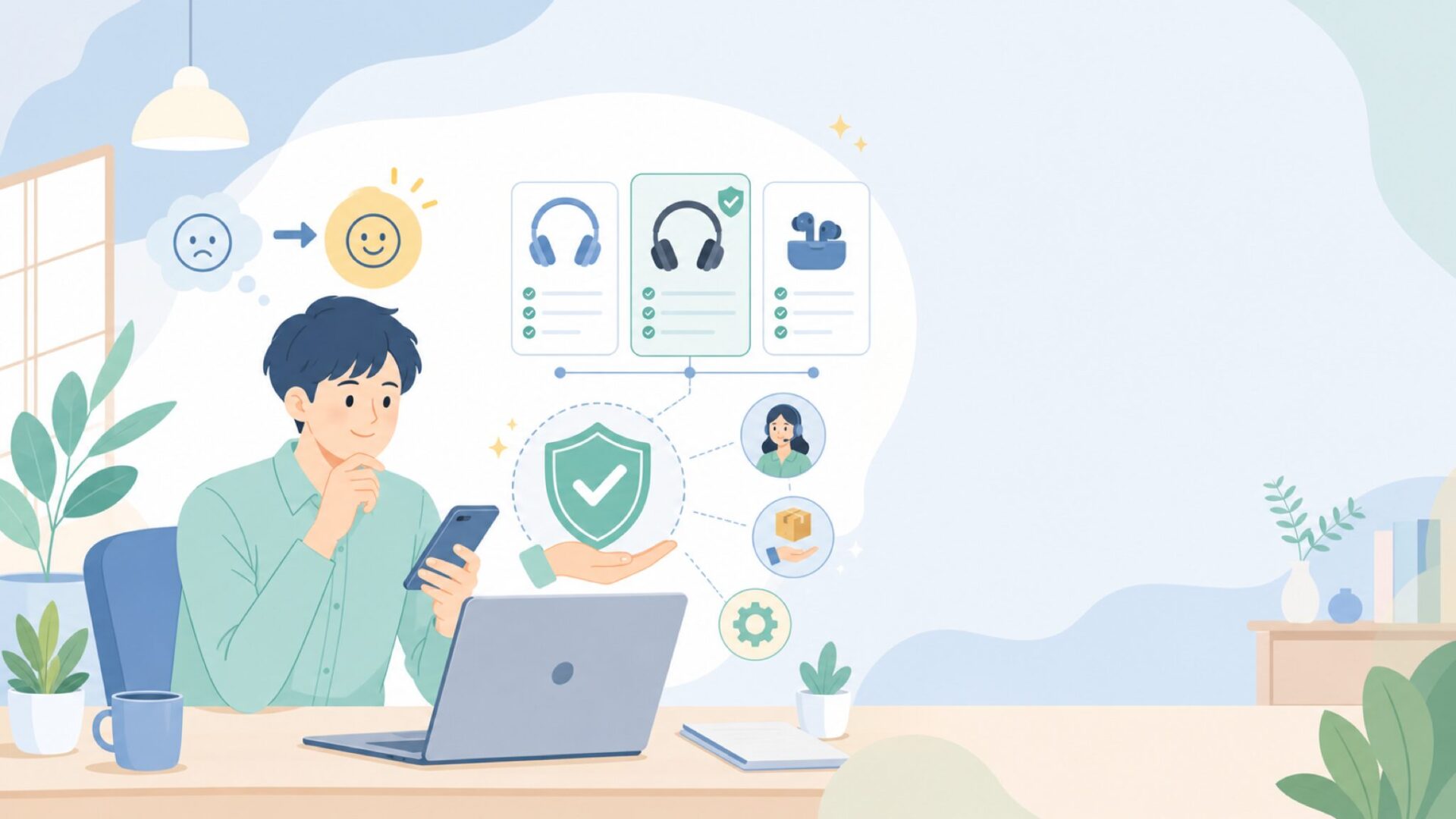 TREBLABのアフターサポートと保証体制を表すイラスト