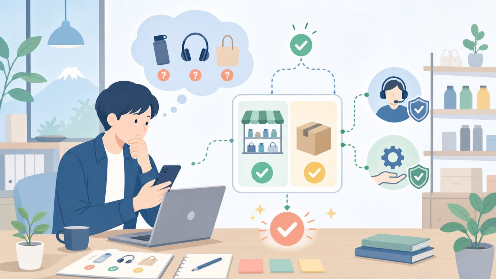 AstroAIは実店舗で買える？入手方法と購入後のサポートを表すイラスト