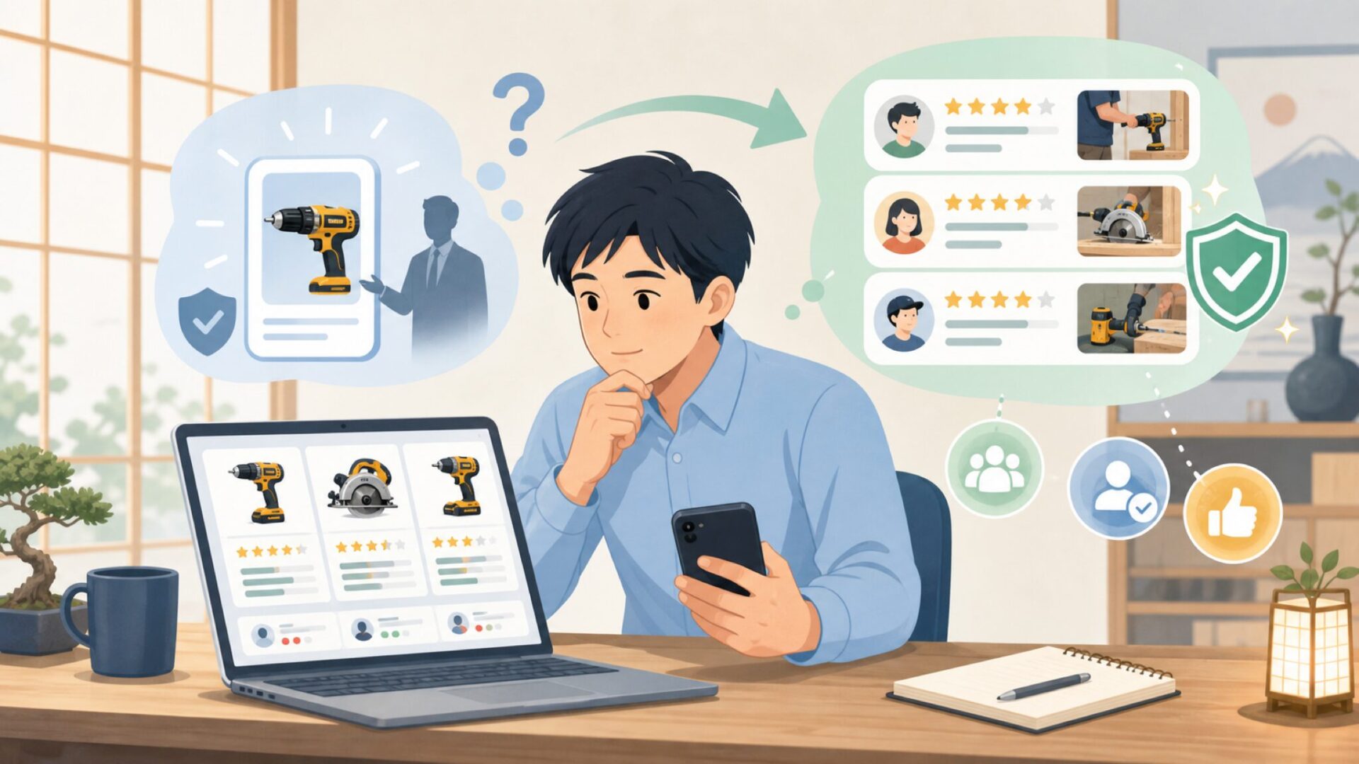 DEWALTの評判は実際どう？——ユーザーと第三者の評価を表すイラスト