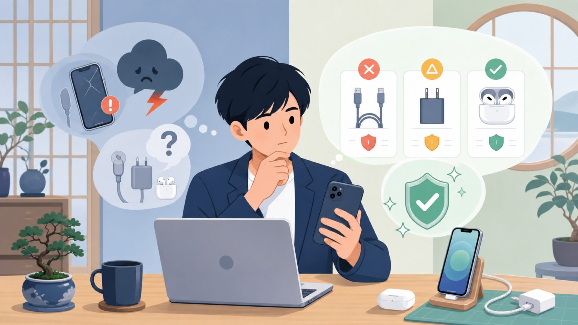 MFi認証なしでiPhoneに使っても大丈夫？安全性の真実を表すイラスト