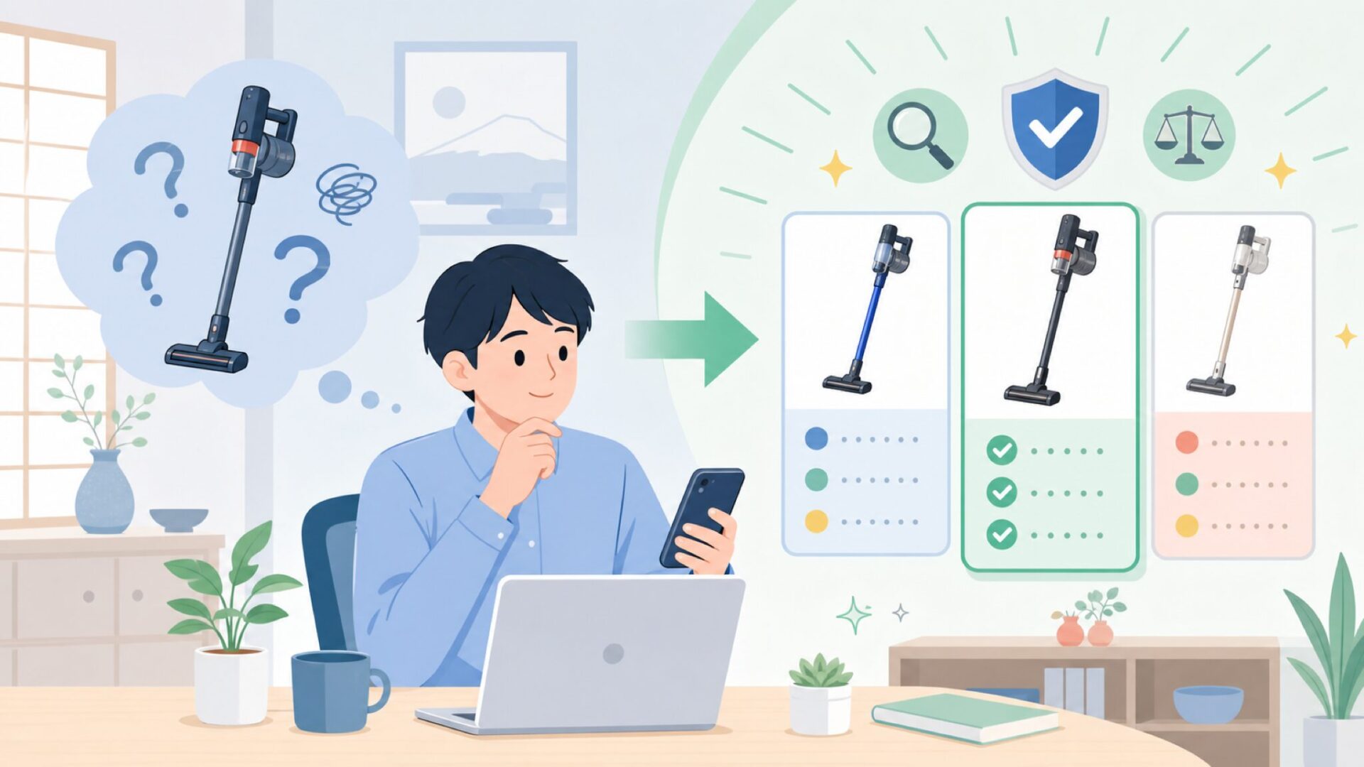 Feunesiは実際どうなの？他社コードレス掃除機と比べて考えるを表すイラスト