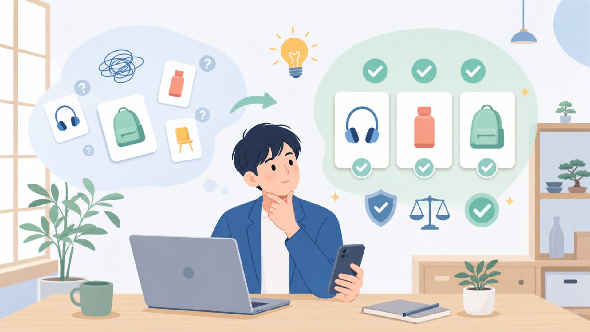 後悔しないために購入前に確認したい3つのチェックポイントを表すイラスト
