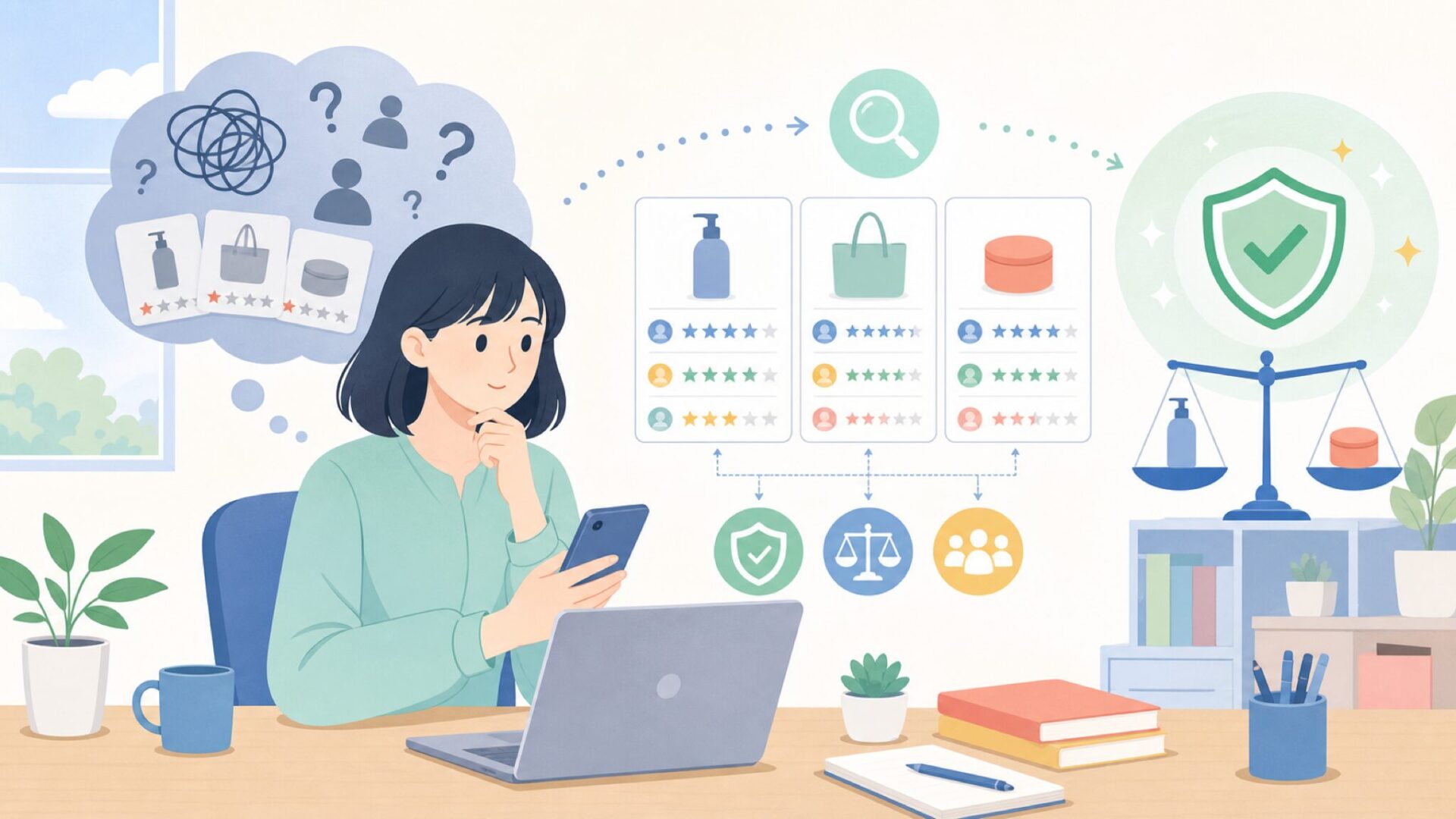 サクラレビューの疑惑を客観的に検証するを表すイラスト