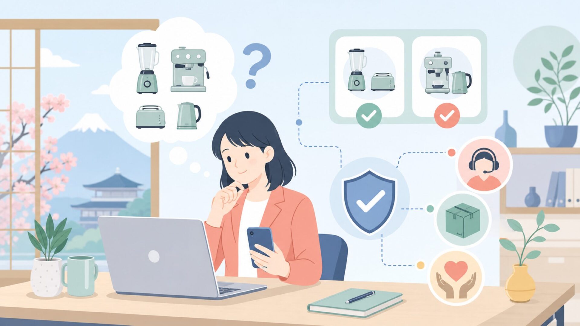 日本でSage Appliancesを買う方法とサポート体制を表すイラスト