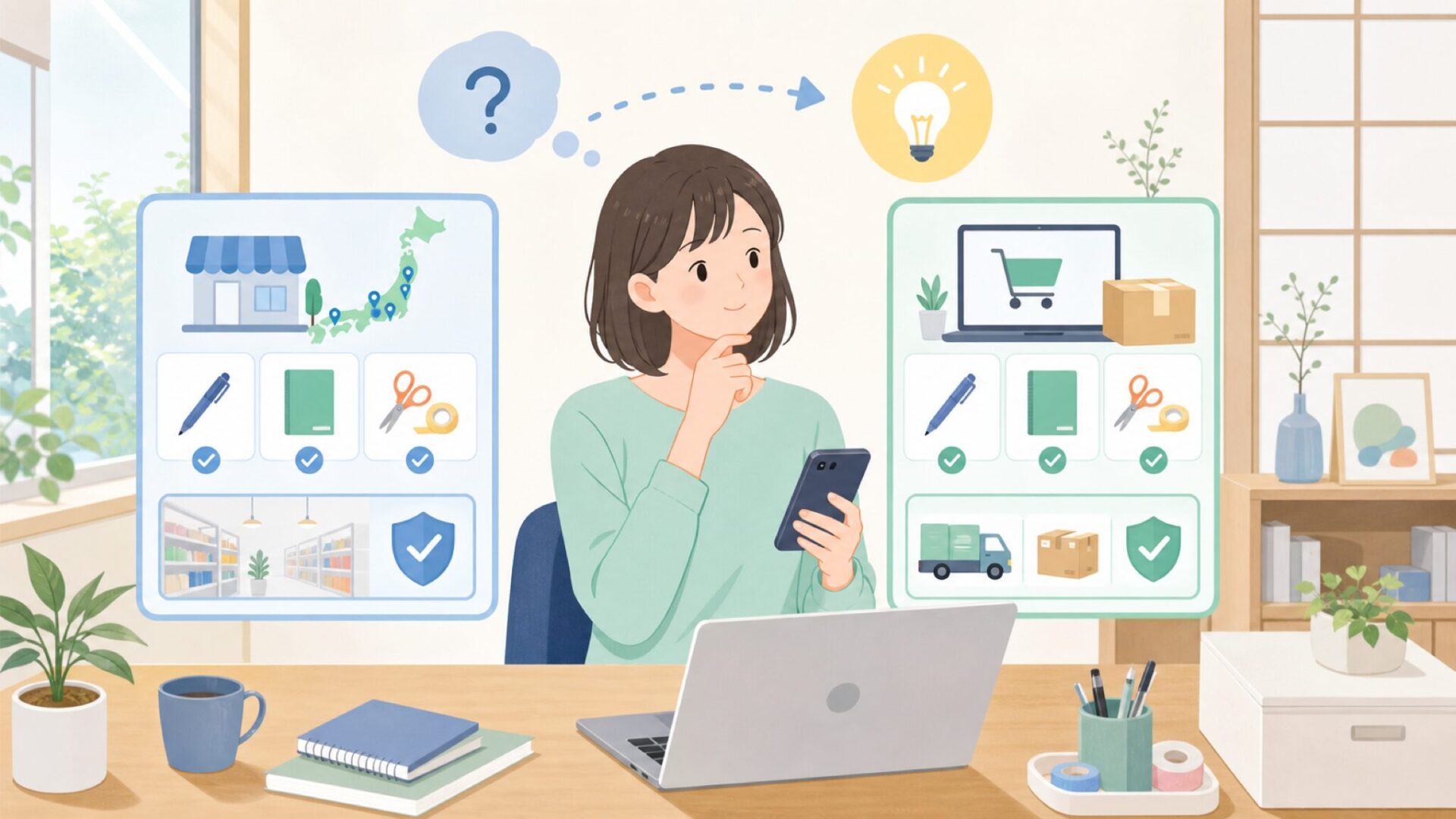 Midori文具はどこで買える？を表すイラスト
