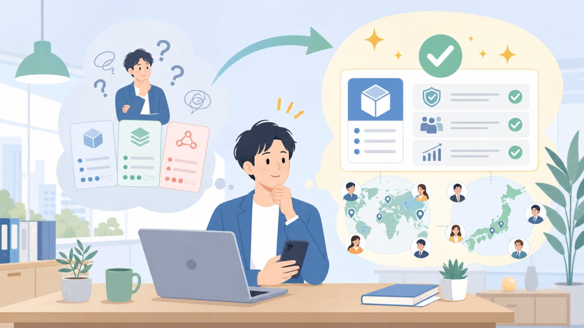M5Stackが世界・日本で選ばれる5つの理由を表すイラスト